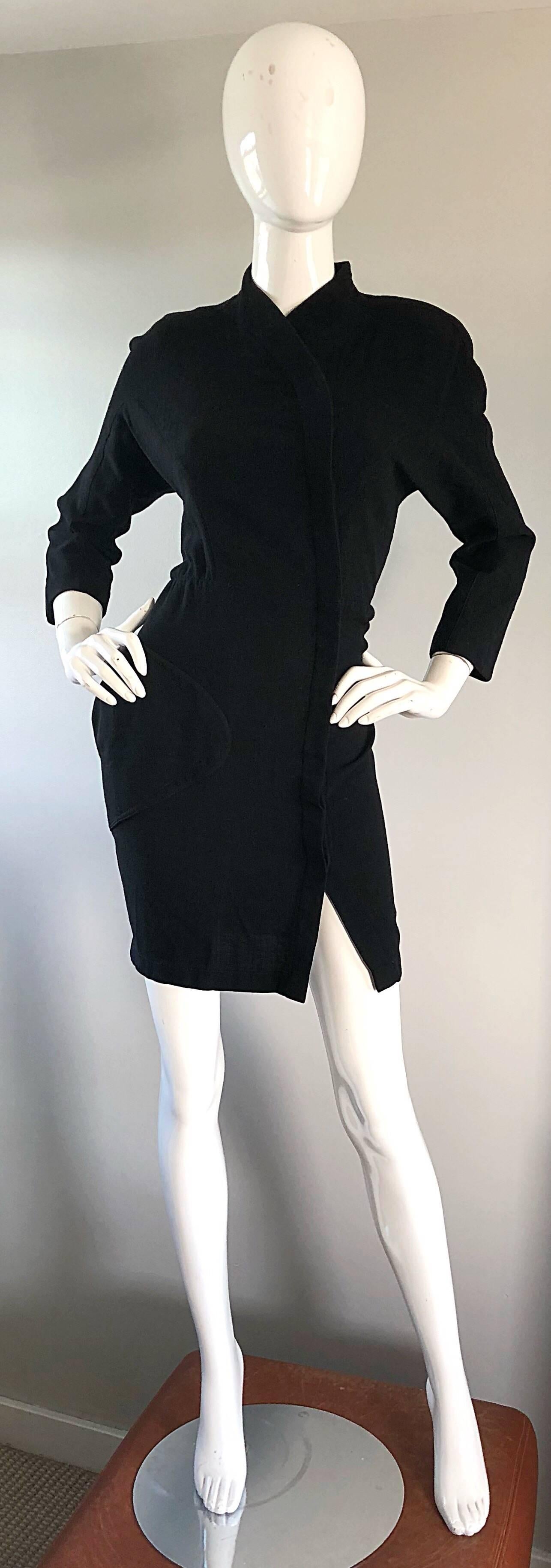 Thierry Mugler 1990s Black Wool Asian Kimono Inspired Vintage Mini Dress  5