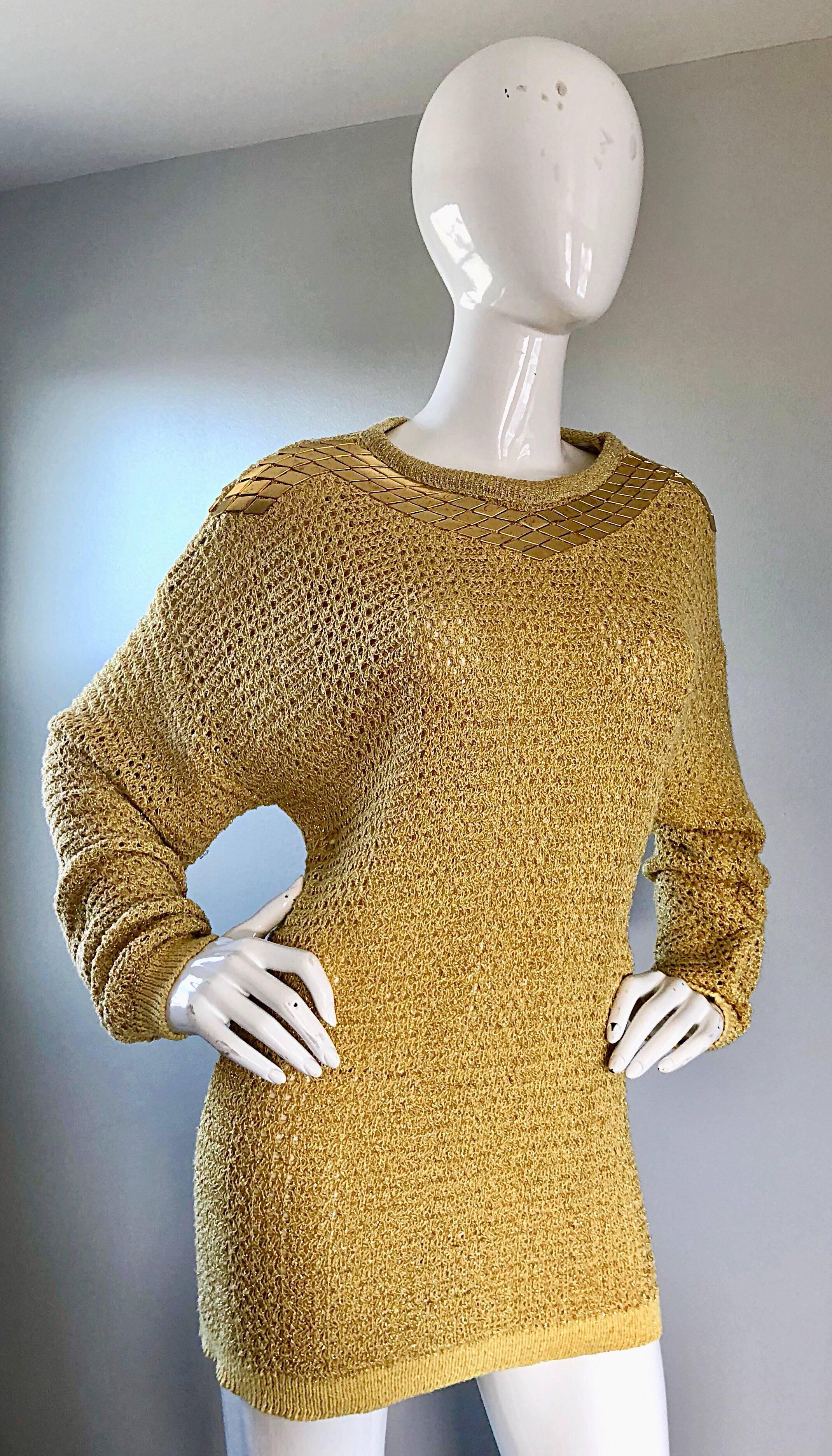 Brown Marshall Rousso Vintage Gold Metallic Studded One Size Slouchy 1980s Sweater For Sale