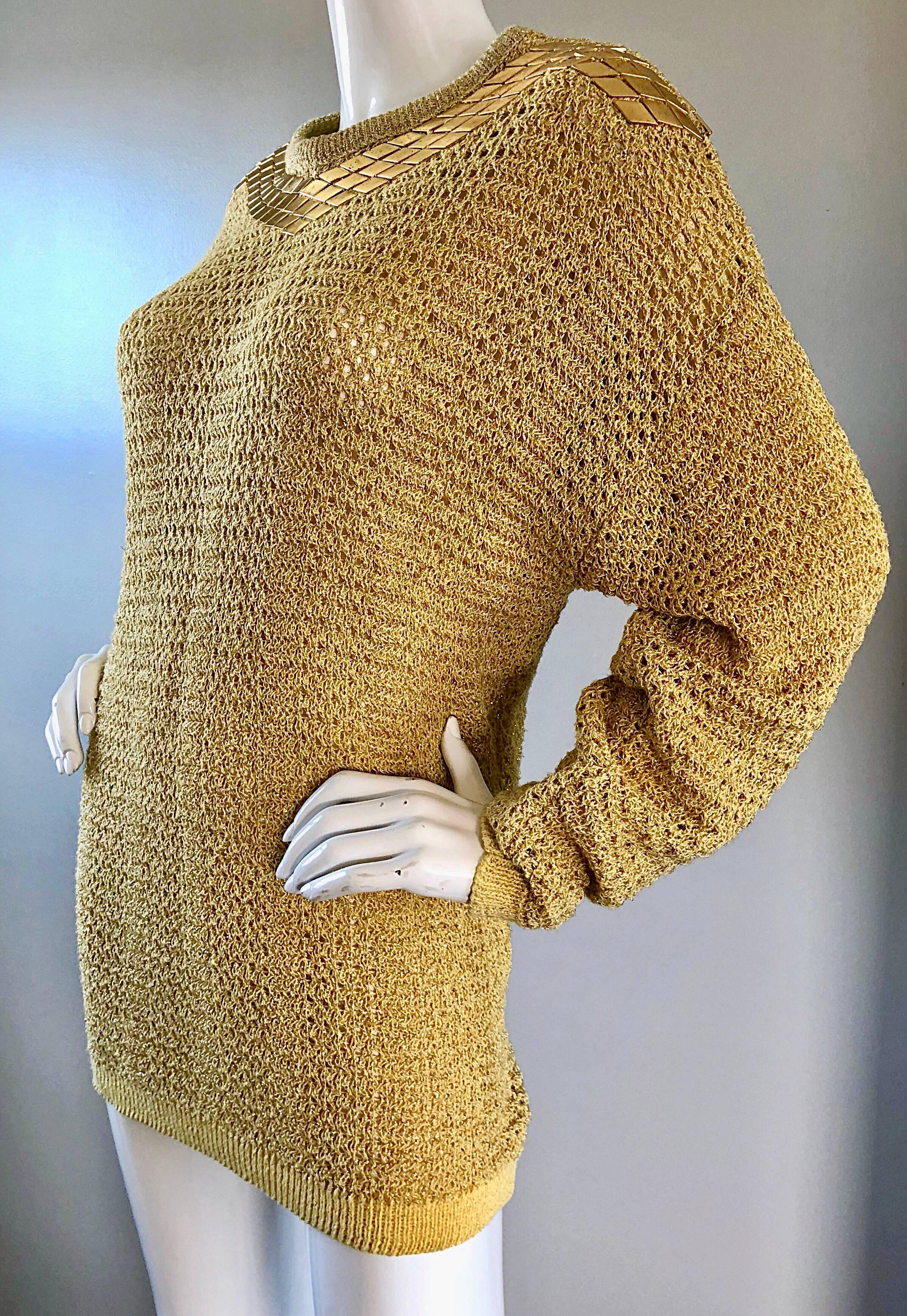 Marshall Rousso Vintage Gold Metallic Nietenpullover mit Nieten in Einheitsgröße 1980er Damen im Angebot