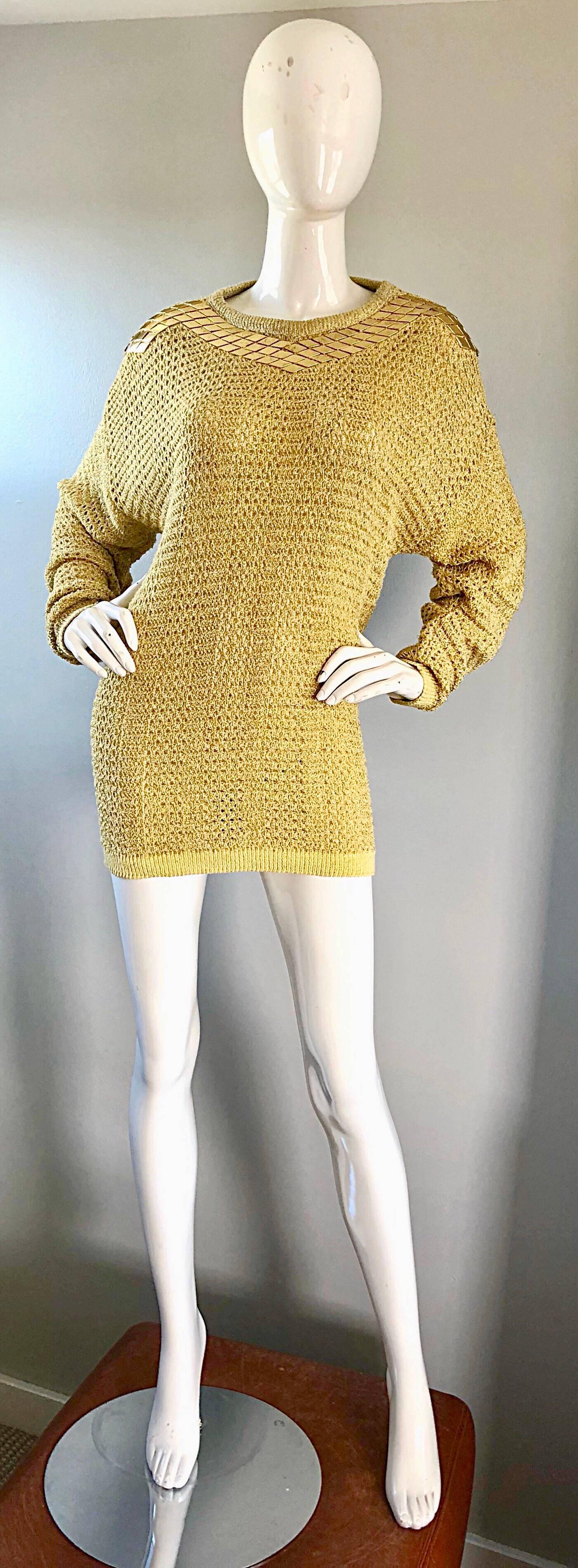 Marshall Rousso Vintage Gold Metallic Studded One Size Slouchy 1980s Sweater For Sale 1