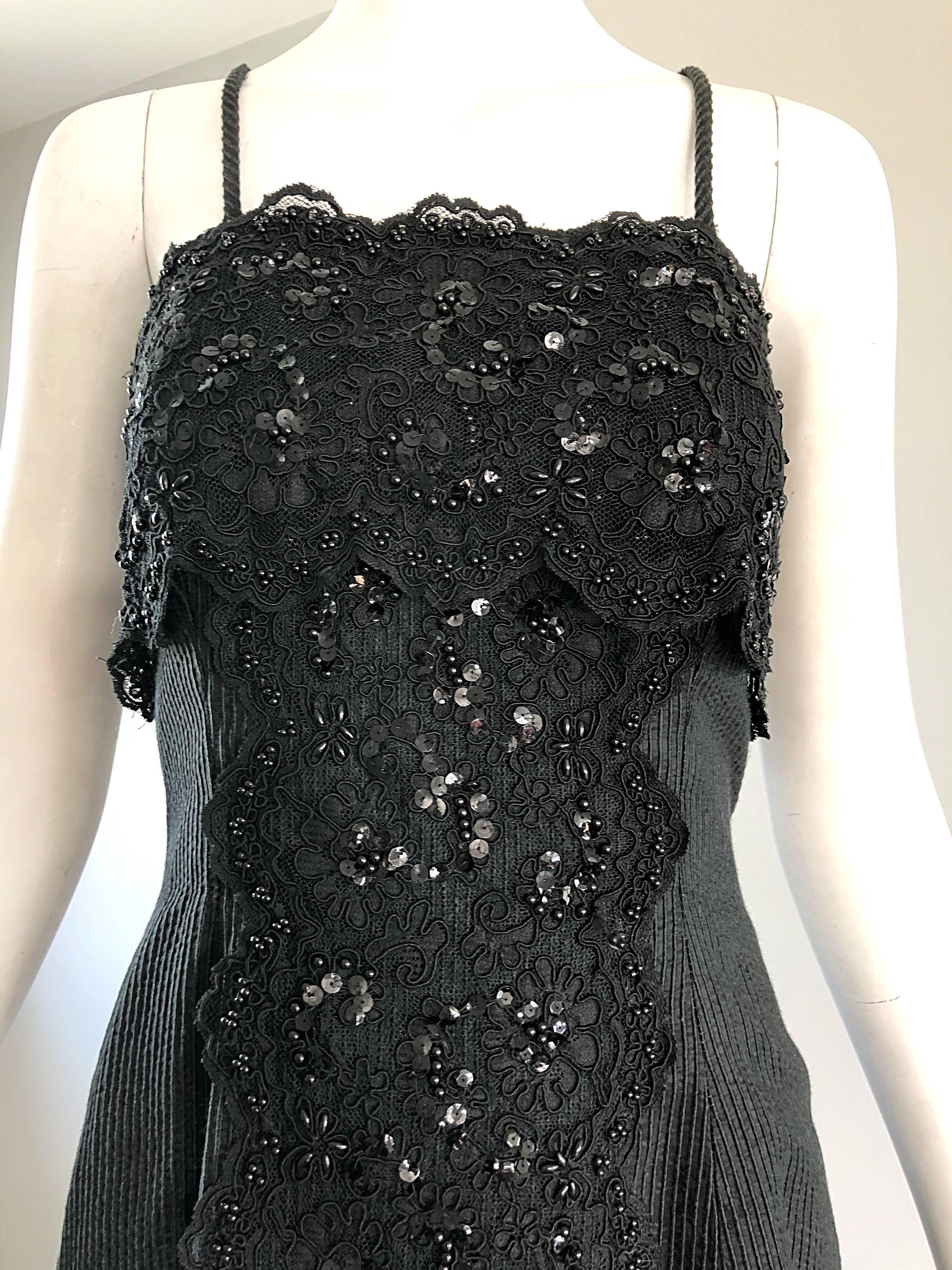 1990s Couture Black Silk Hi - Lo Beaded Sleeveless 50s Style Cocktail Dress In Excellent Condition For Sale In San Diego, CA