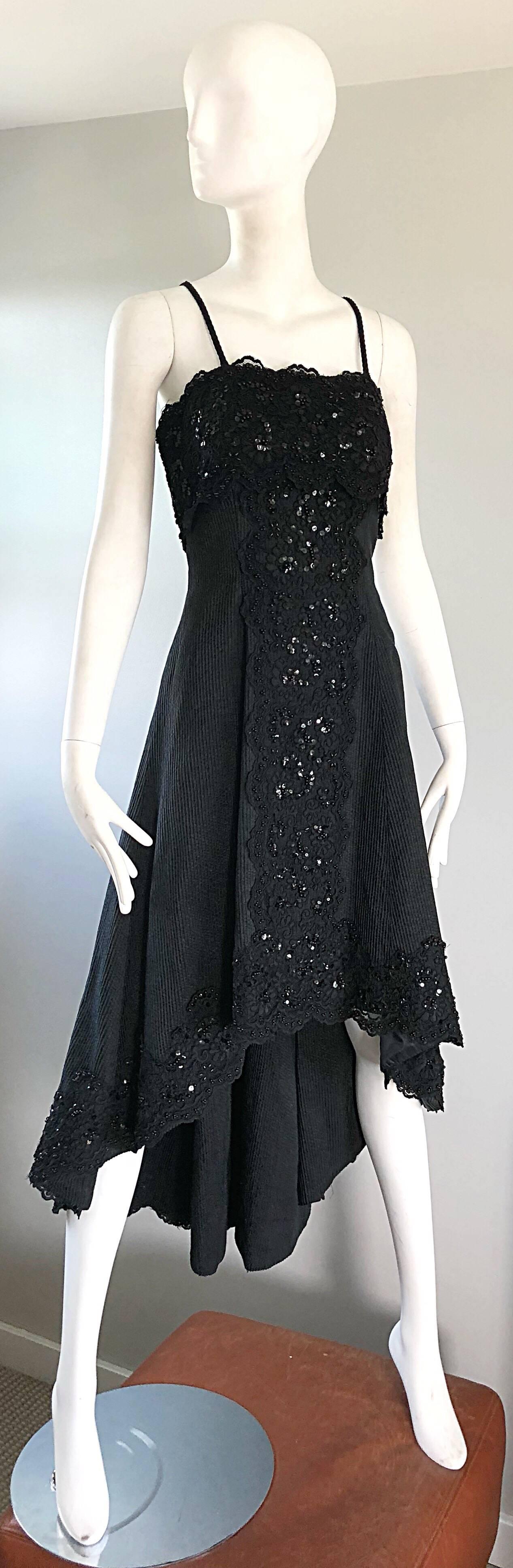 1990s Couture Black Silk Hi - Lo Beaded Sleeveless 50s Style Cocktail Dress For Sale 1