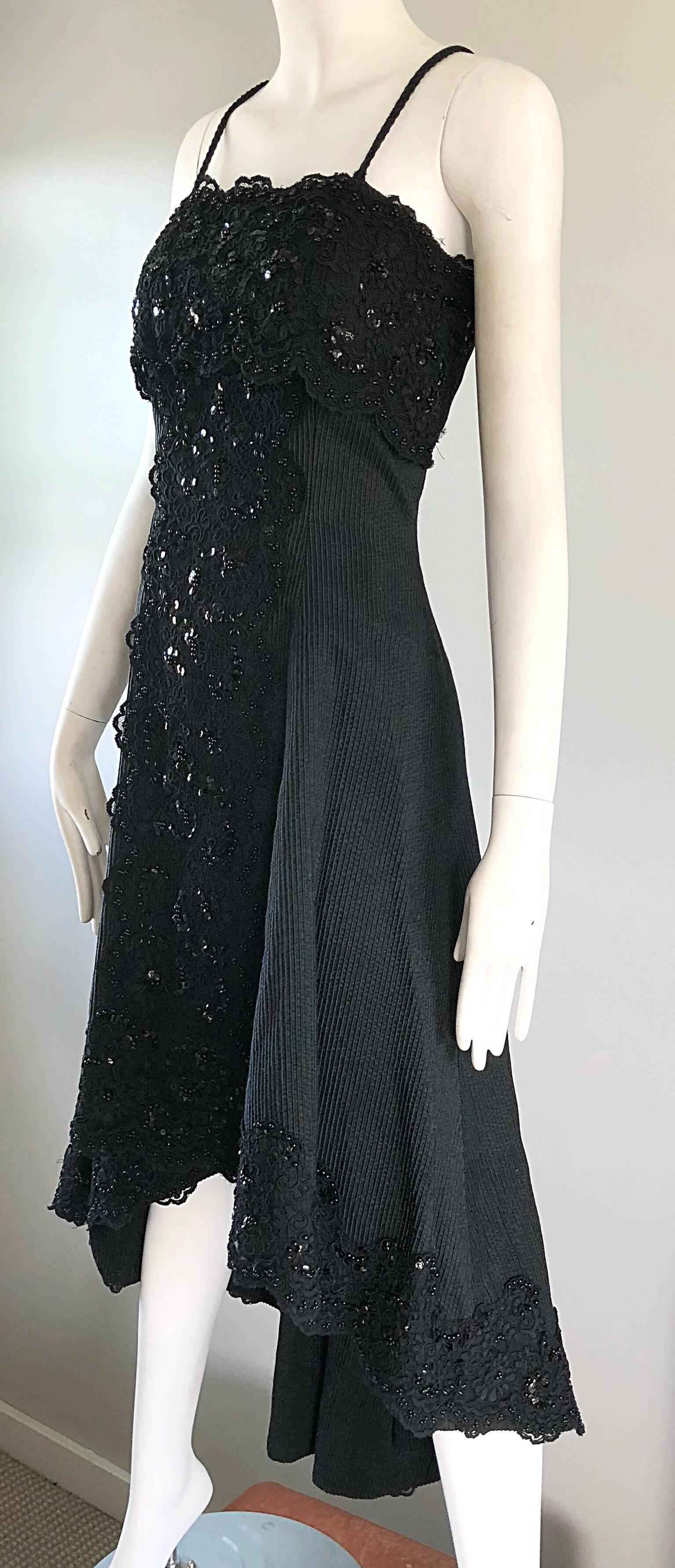 1990s Couture Black Silk Hi - Lo Beaded Sleeveless 50s Style Cocktail Dress For Sale 2