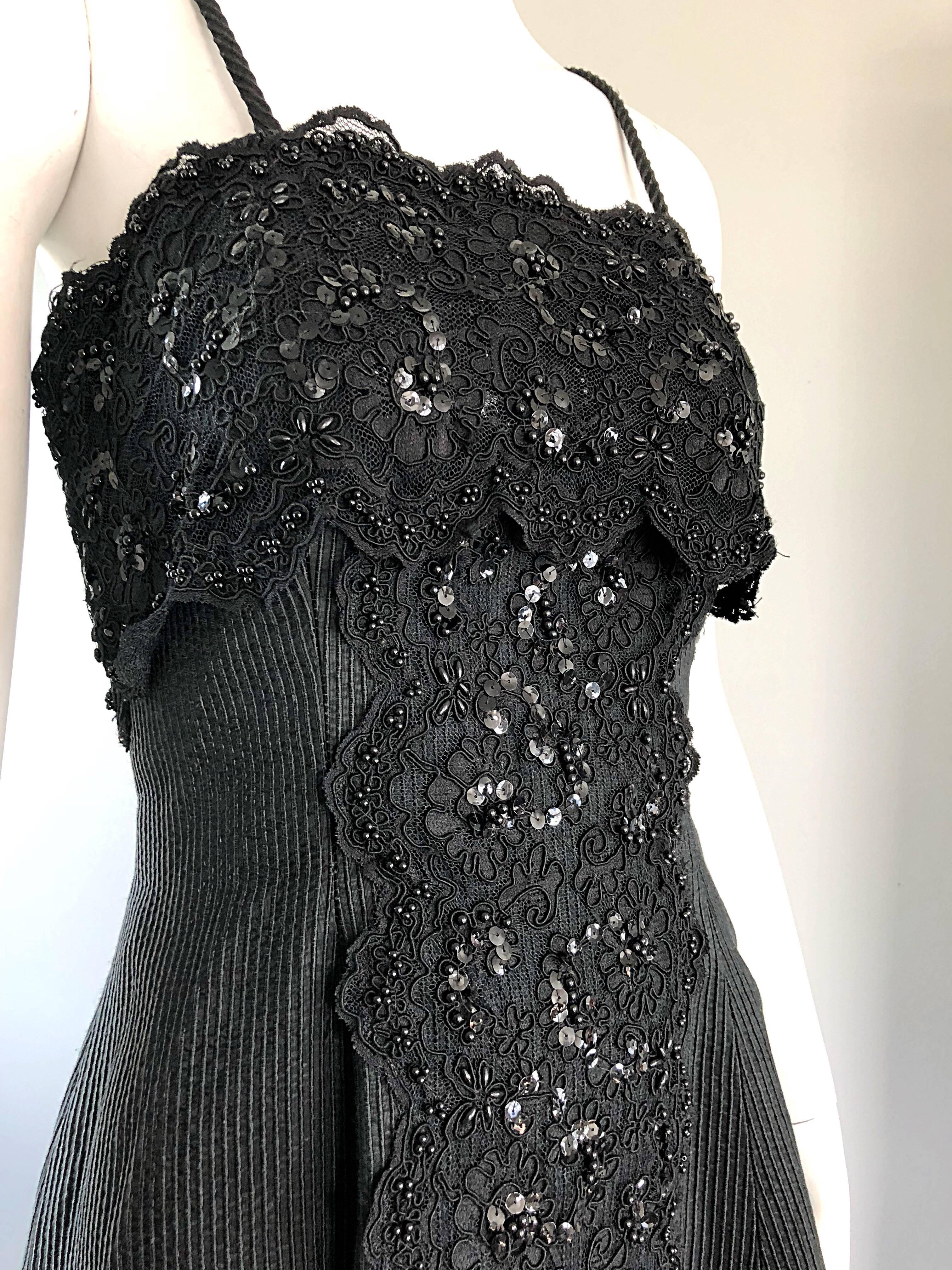 1990s Couture Black Silk Hi - Lo Beaded Sleeveless 50s Style Cocktail Dress For Sale 3