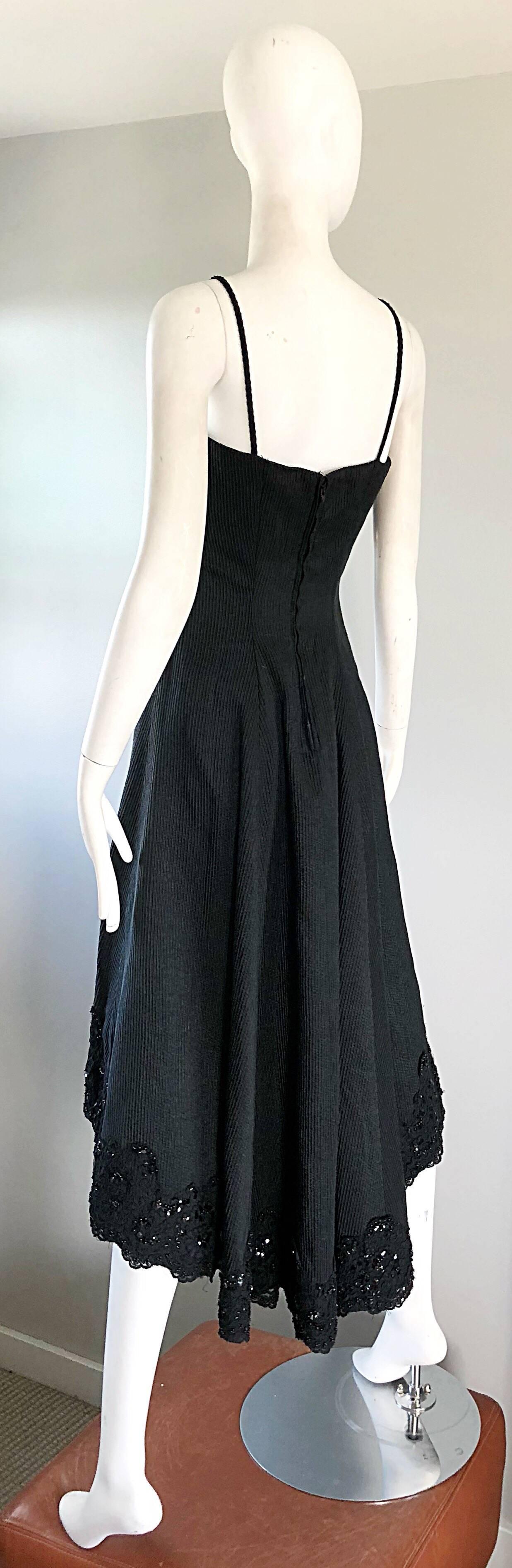 1990s Couture Black Silk Hi - Lo Beaded Sleeveless 50s Style Cocktail Dress For Sale 4