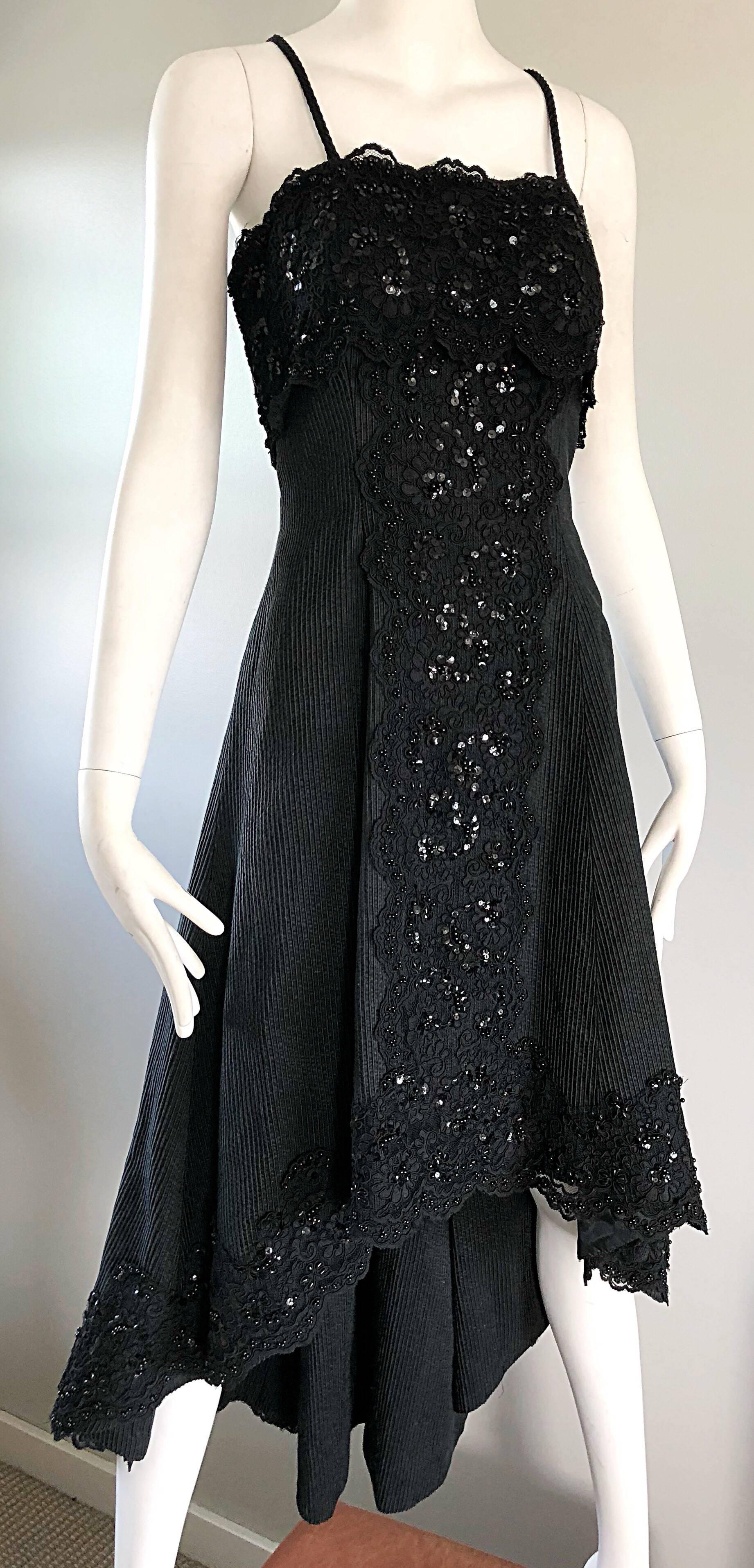 1990s Couture Black Silk Hi - Lo Beaded Sleeveless 50s Style Cocktail Dress For Sale 5