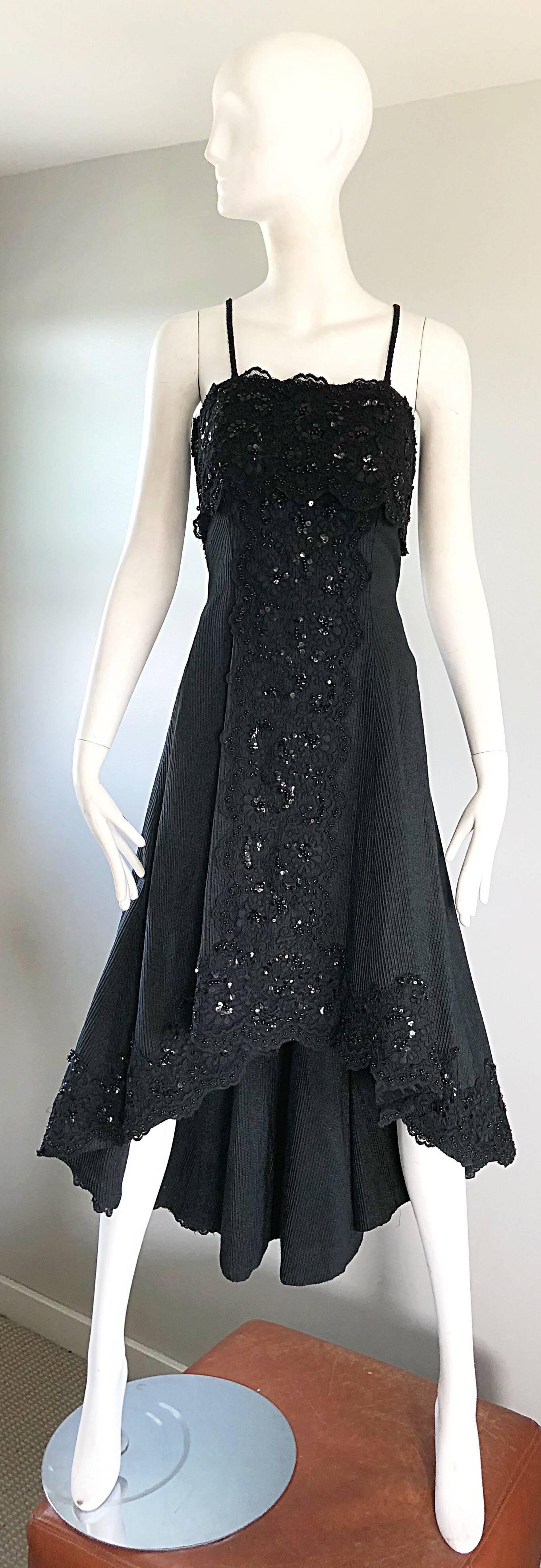 1990s Couture Black Silk Hi - Lo Beaded Sleeveless 50s Style Cocktail Dress For Sale 6
