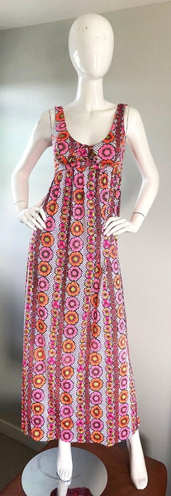 1970s Sirena of California Hot Pink Flowers and Polka Dots Jersey Maxi Dress