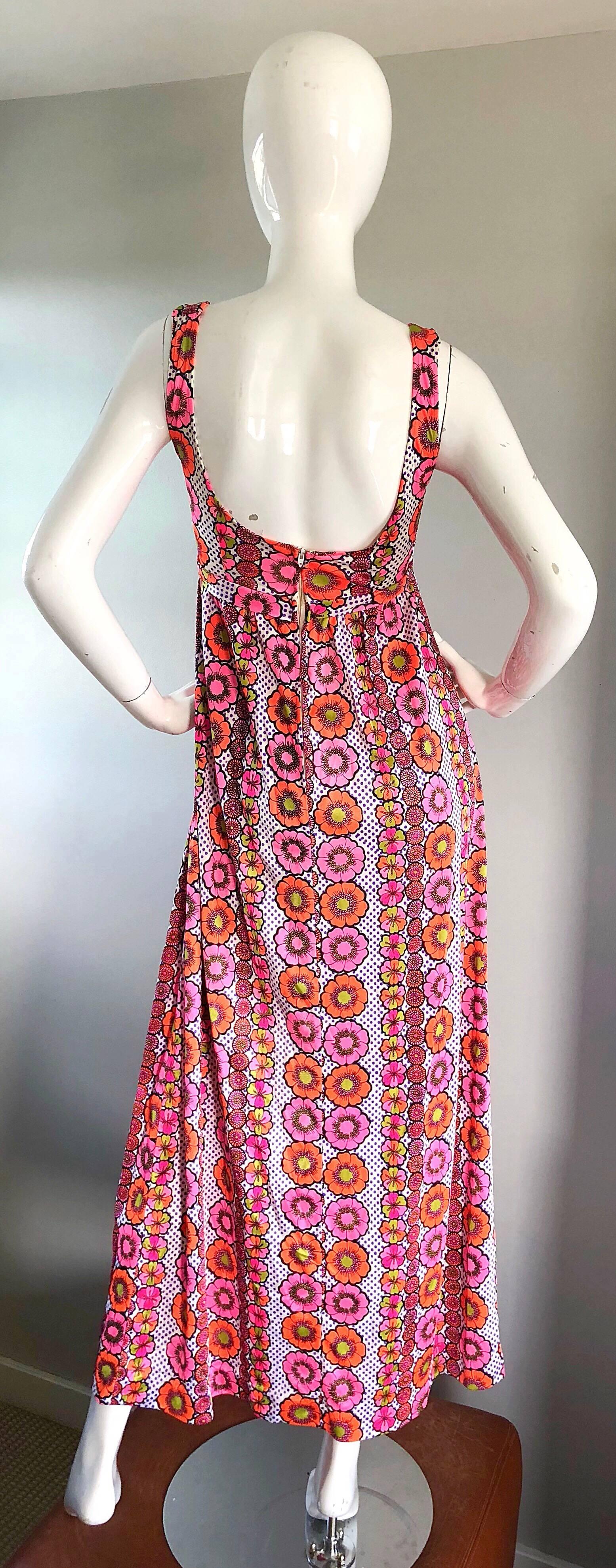 1970s Sirena of California Hot Pink Flowers and Polka Dots Jersey Maxi ...