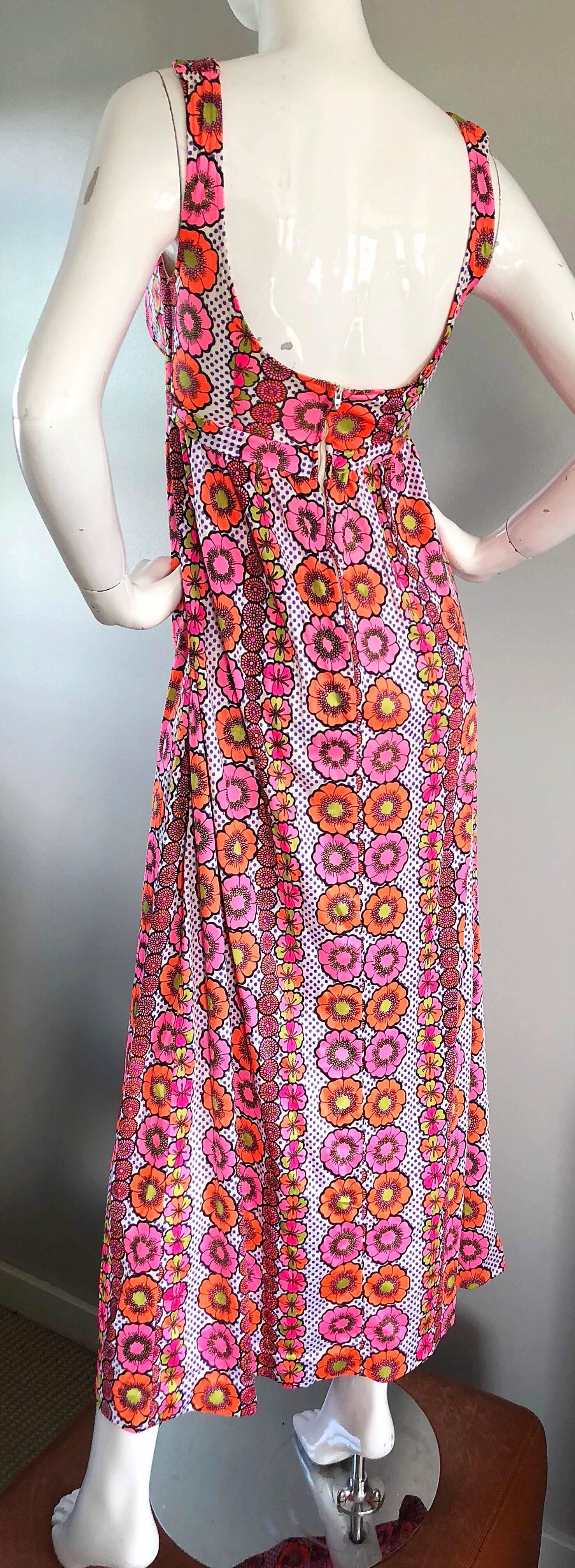 Women's 1970s Sirena of California Hot Pink Flowers and Polka Dots Jersey Maxi Dress For Sale