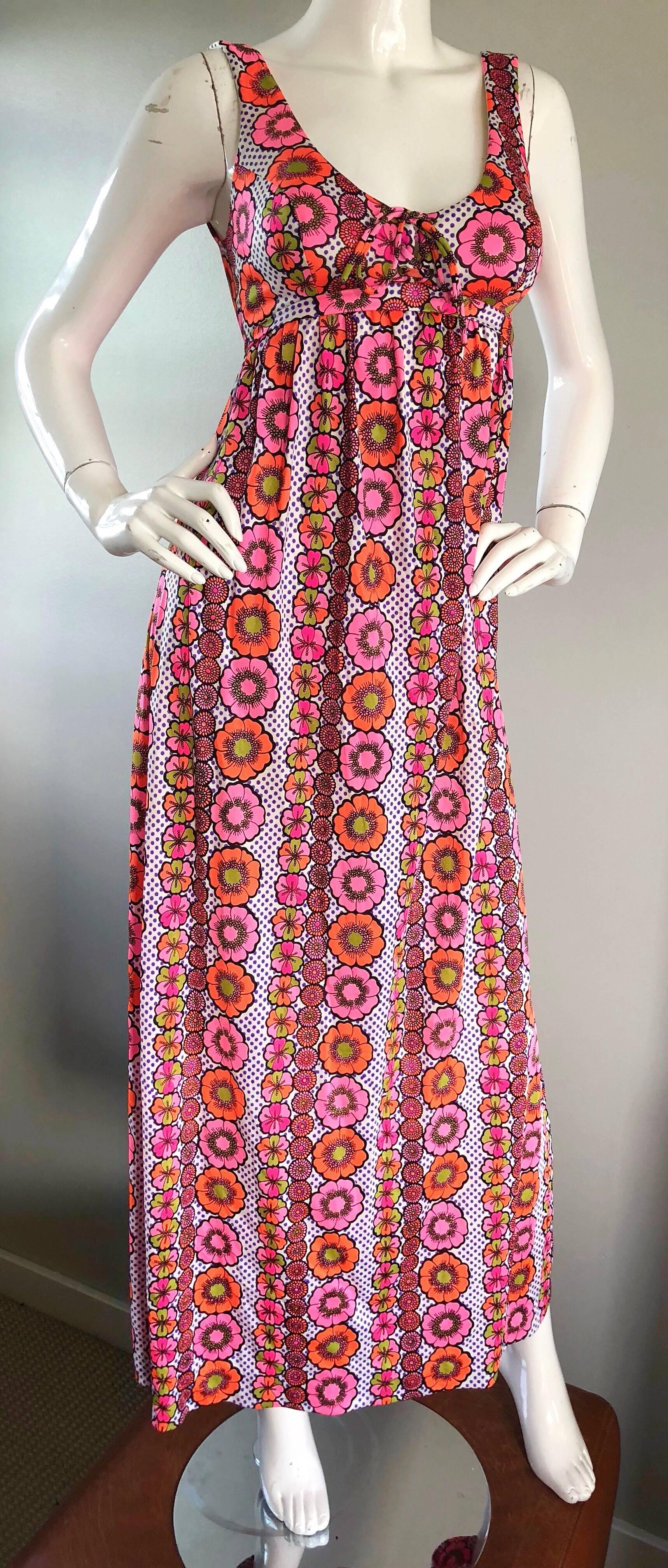 1970s Sirena of California Hot Pink Flowers and Polka Dots Jersey Maxi Dress For Sale 1