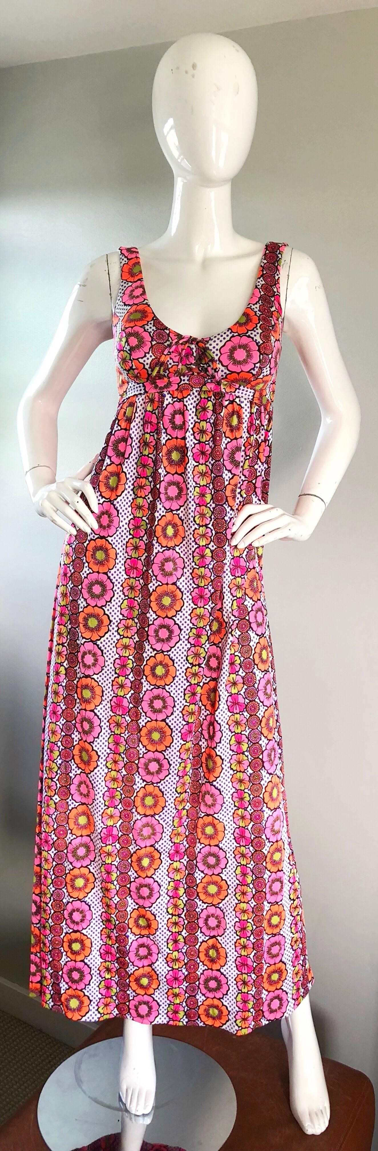 1970s Sirena of California Hot Pink Flowers and Polka Dots Jersey Maxi ...