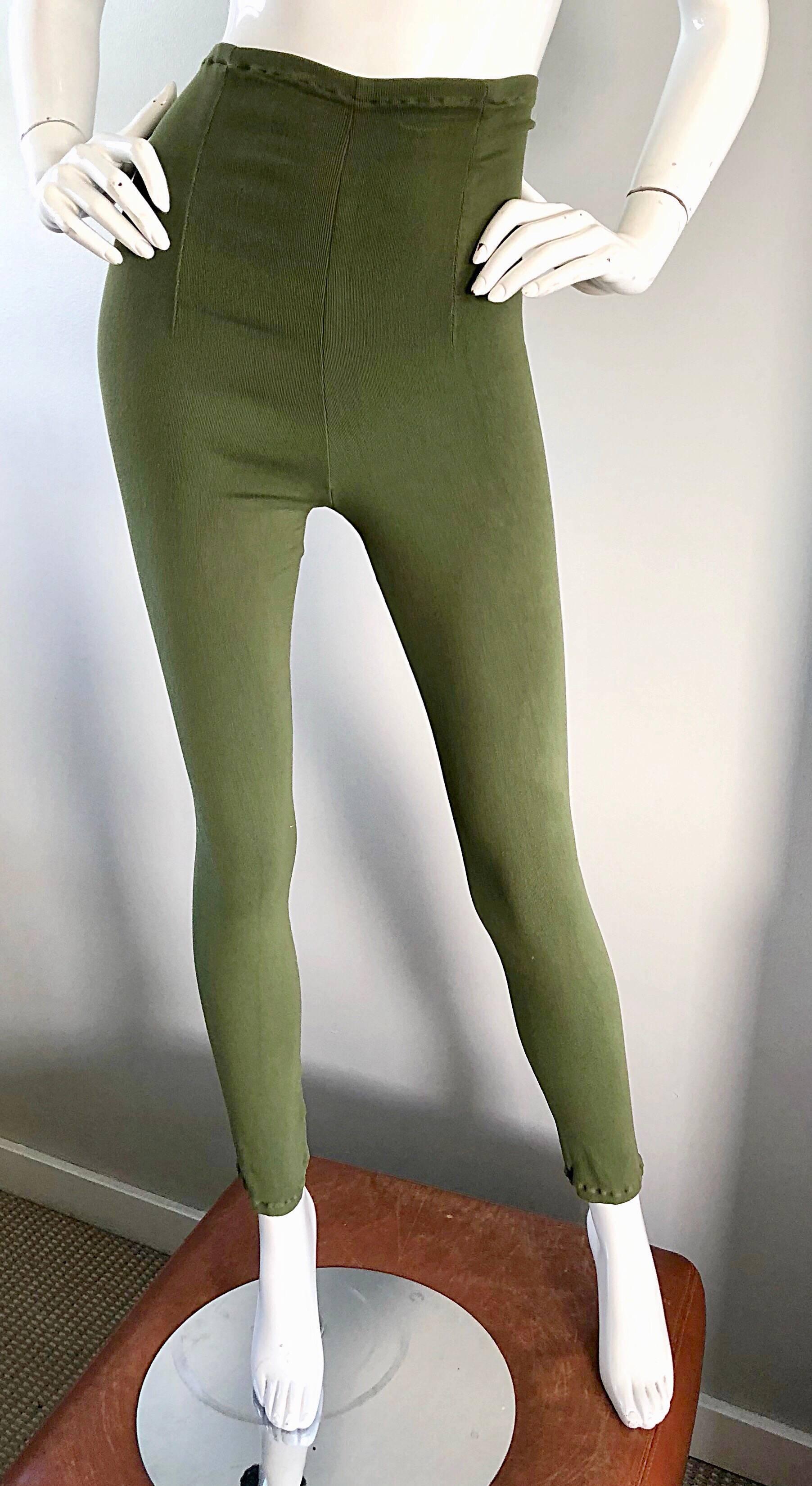 Brown 1990s Ghost of London Olive Green Ultra High Waisted Vintage Leggings Pants For Sale