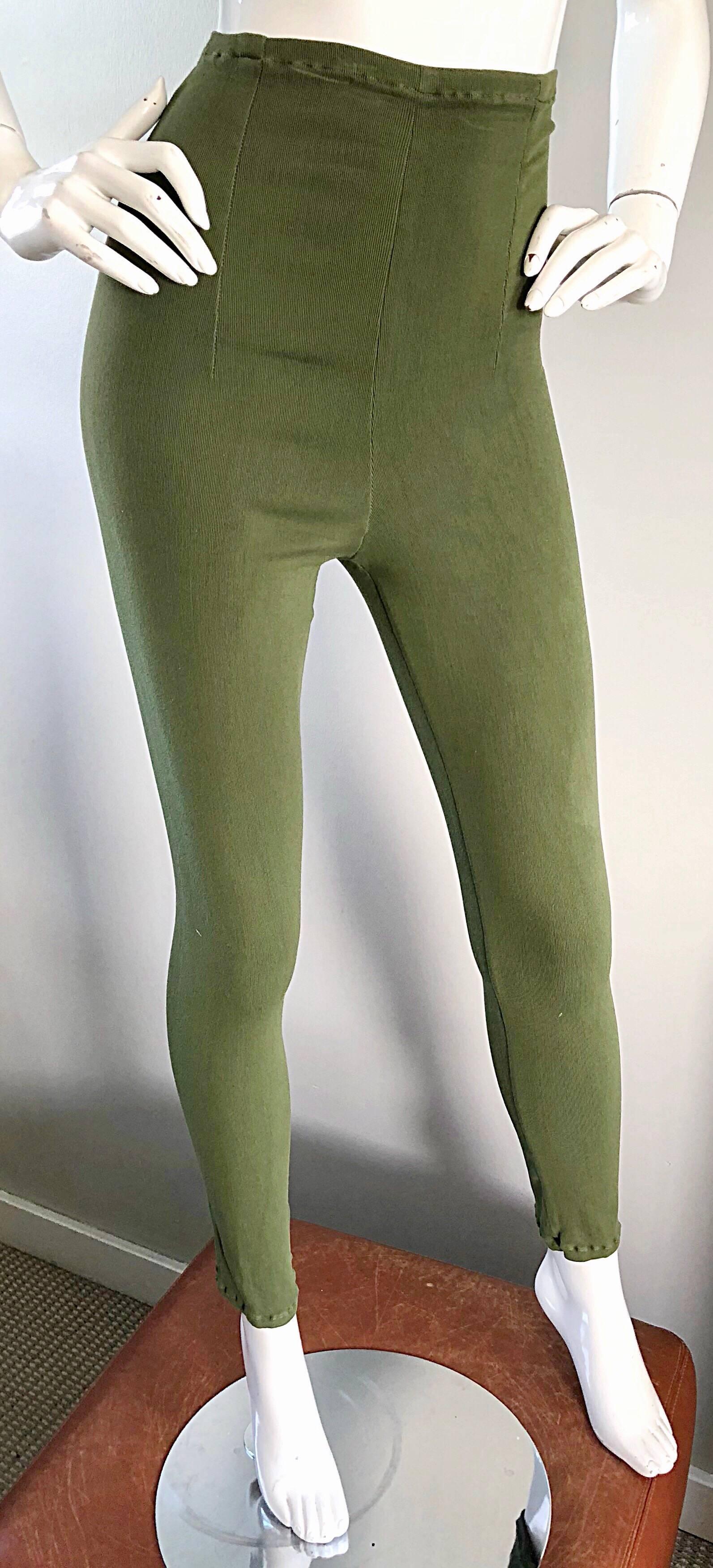 Women's 1990s Ghost of London Olive Green Ultra High Waisted Vintage Leggings Pants For Sale