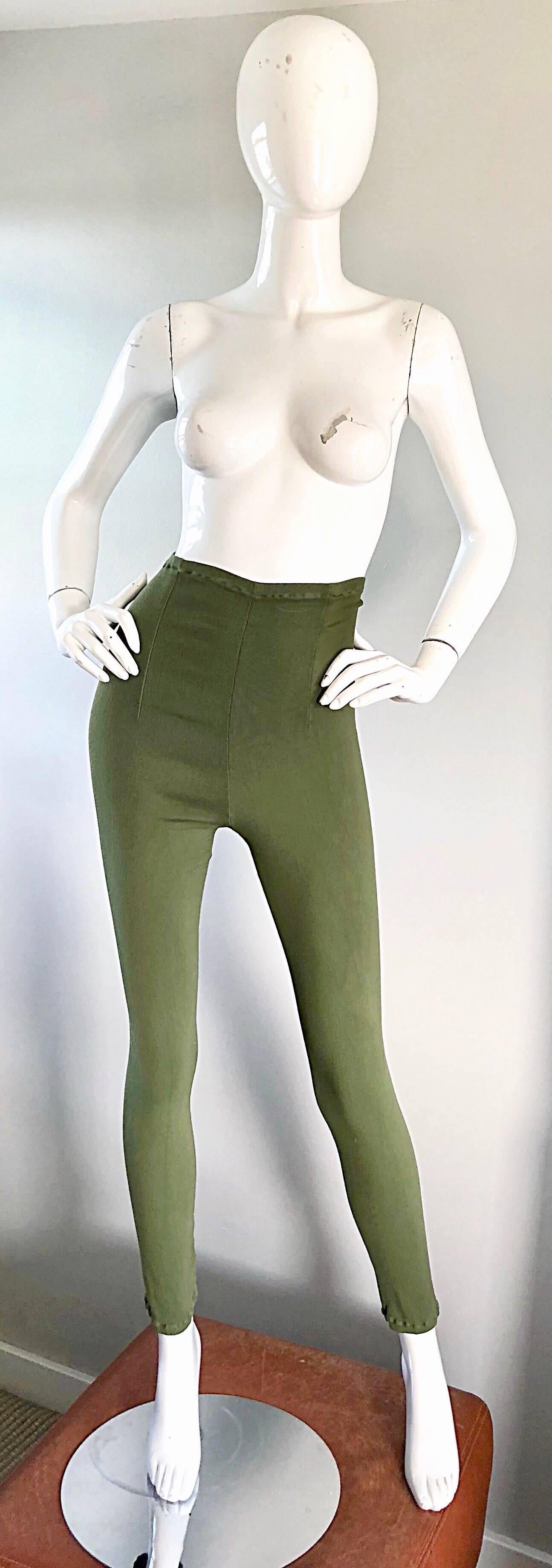 1990s Ghost of London Olive Green Ultra High Waisted Vintage Leggings Pants For Sale 1