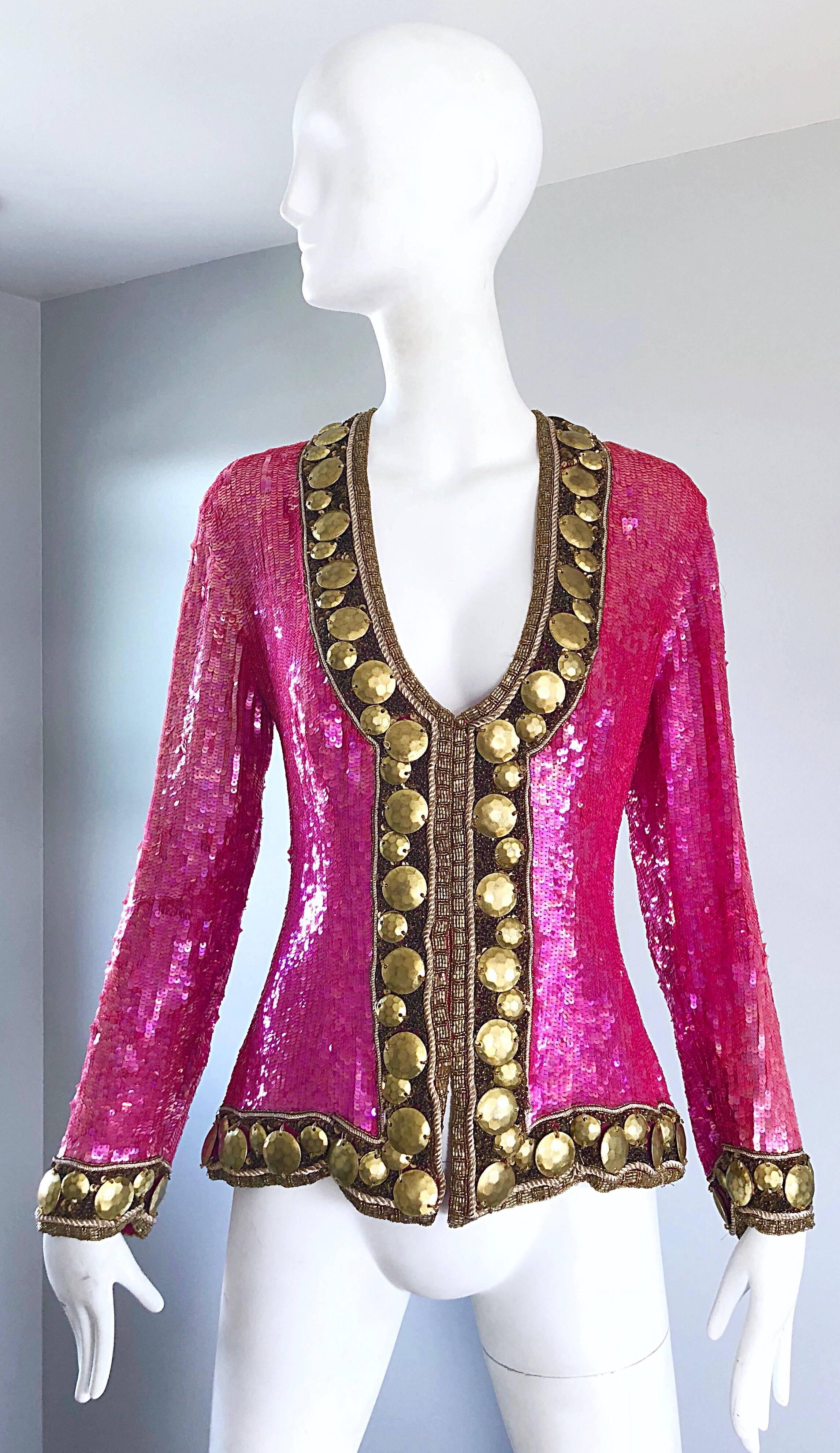 Incredible LIZA CARR for LILLIE RUBIN hot pink and gold silk beaded and sequined jacket! Features thousands of hand-sewn pink sequins throughout. Large gold hammered discs along the trim, with hand-sewn bronze seed beads. Hidden snaps up the front