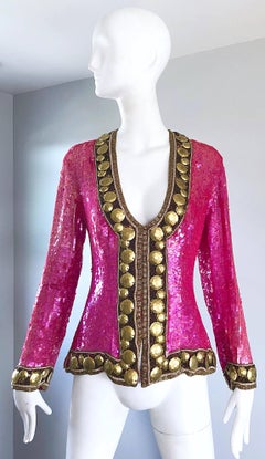1990s Liza Carr for Lillie Rubin Hot Pink and Gold Sequin Beaded Silk Jacket