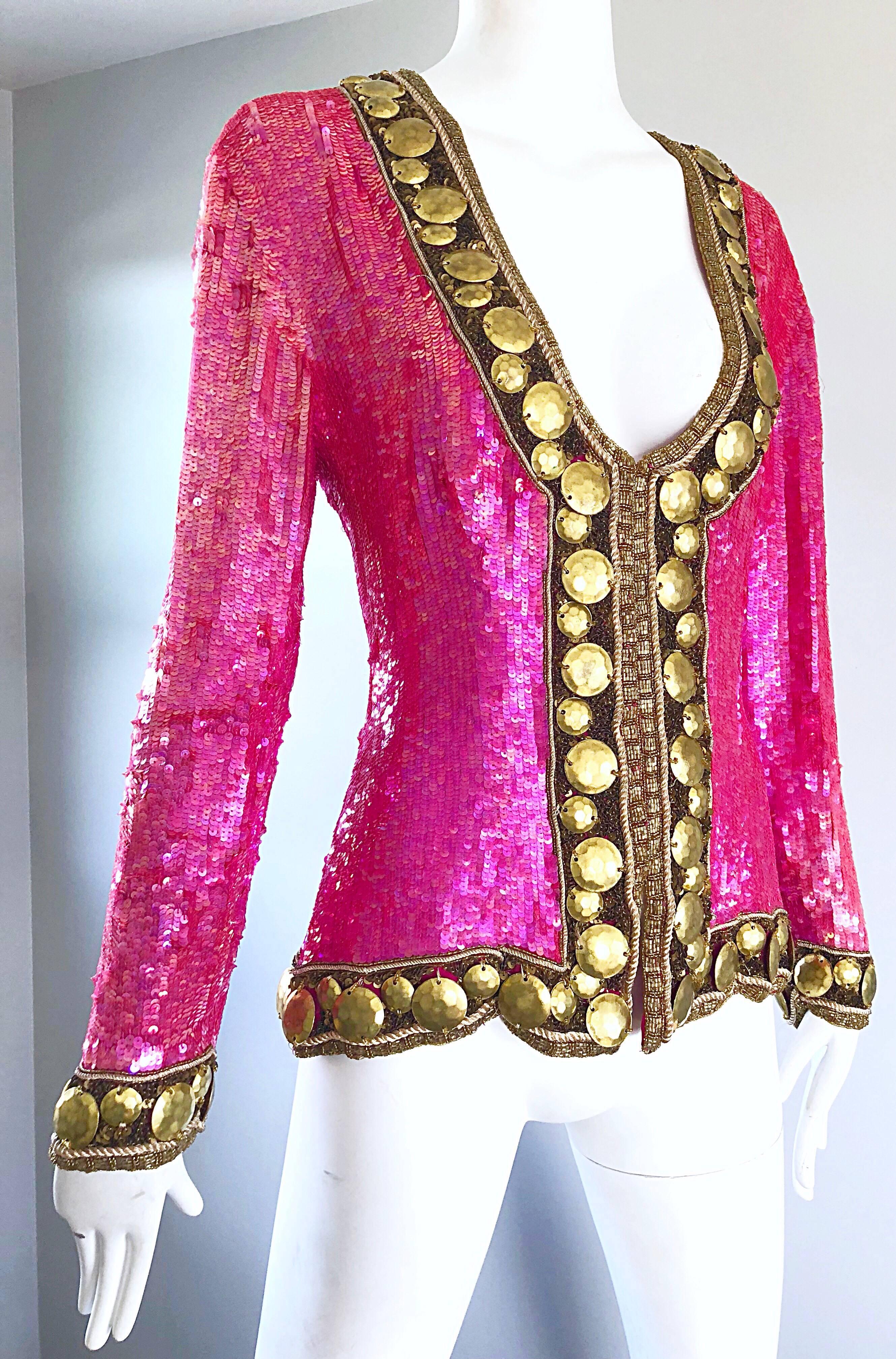 Liza Carr pour Lillie Rubin - Veste en soie perlée rose vif et or à paillettes, années 1990 Excellent état - En vente à San Diego, CA