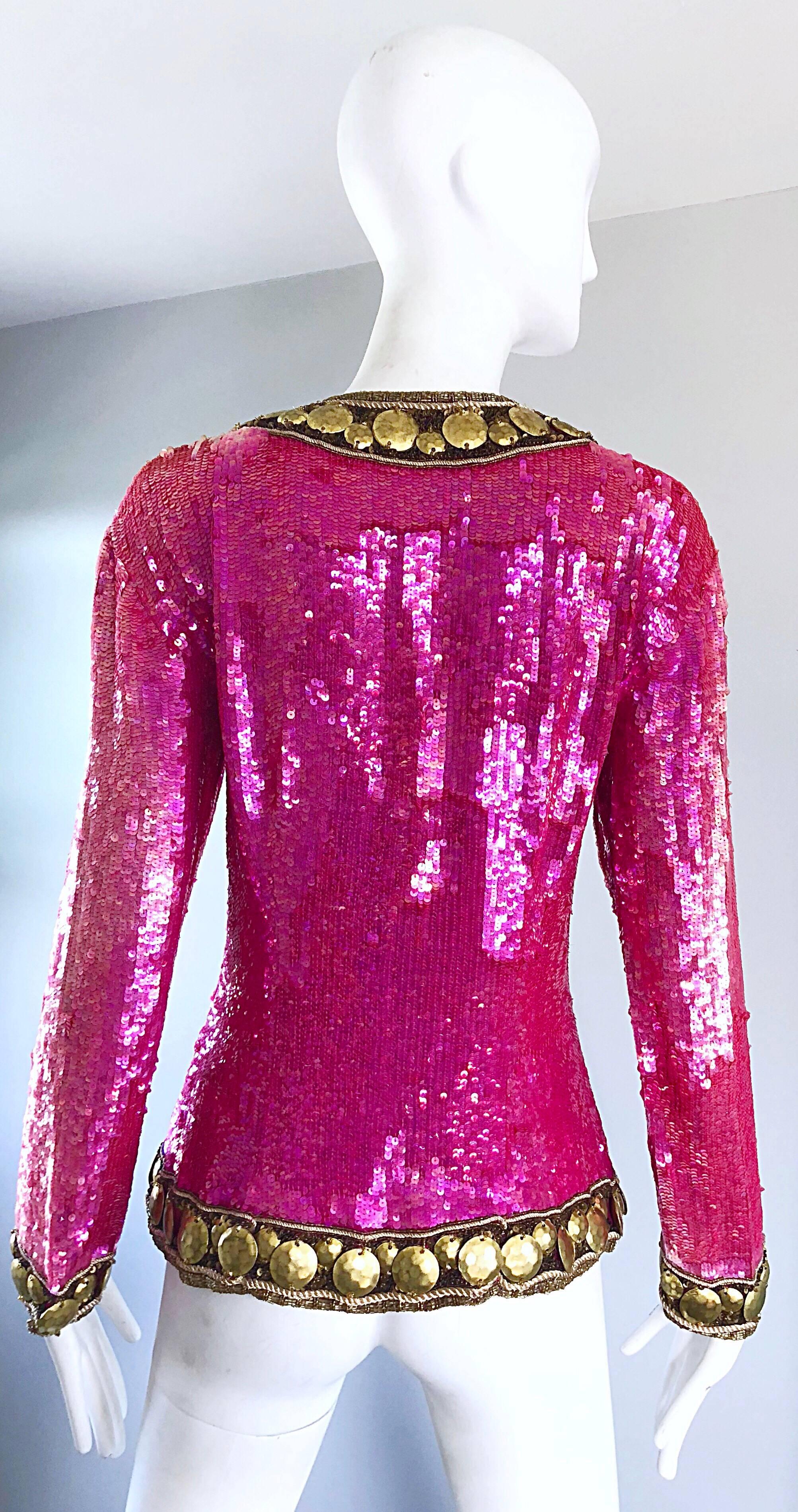 1990s Liza Carr for Lillie Rubin Hot Pink and Gold Sequin Beaded Silk Jacket In Excellent Condition For Sale In San Diego, CA