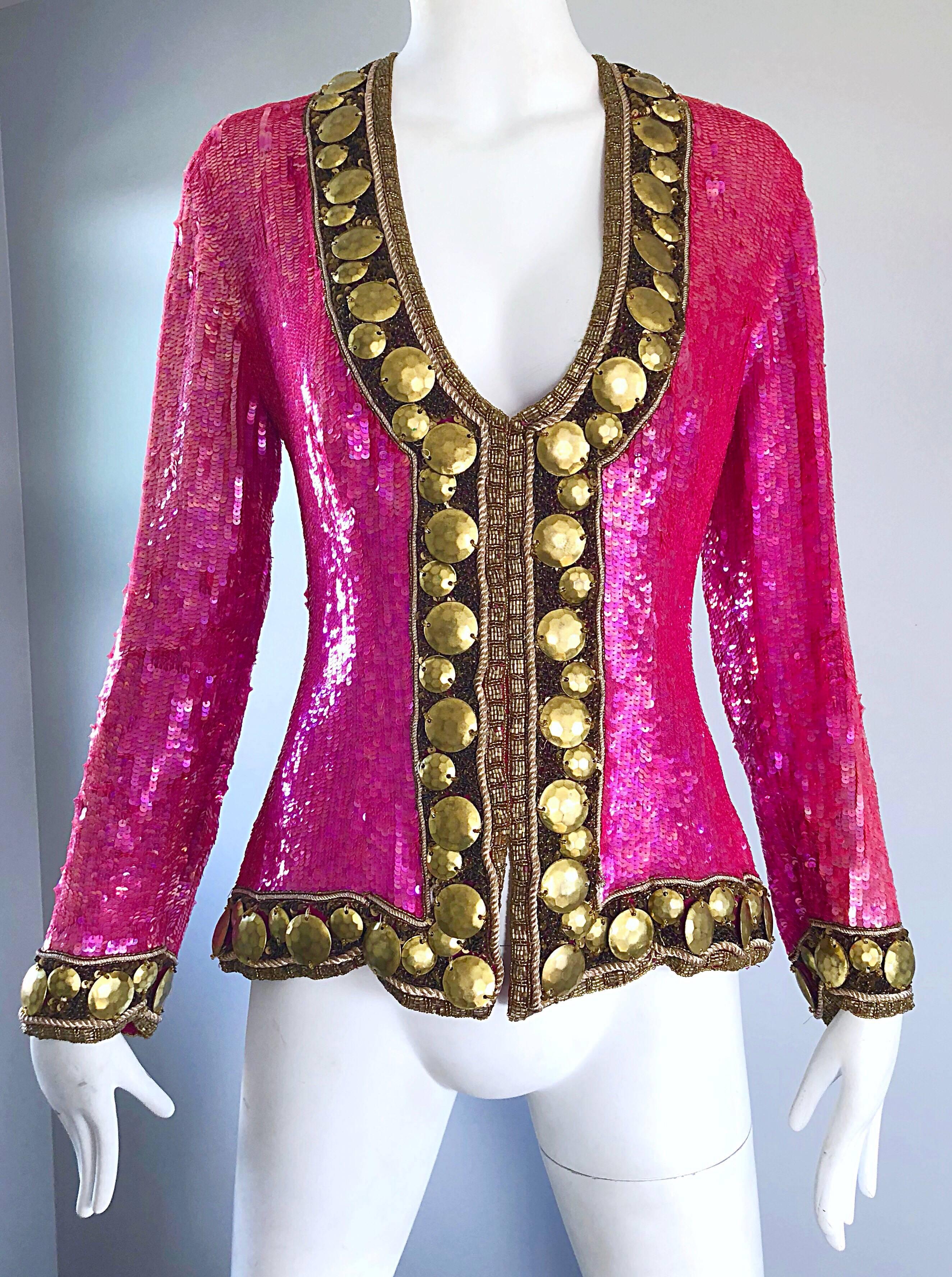 Women's 1990s Liza Carr for Lillie Rubin Hot Pink and Gold Sequin Beaded Silk Jacket For Sale