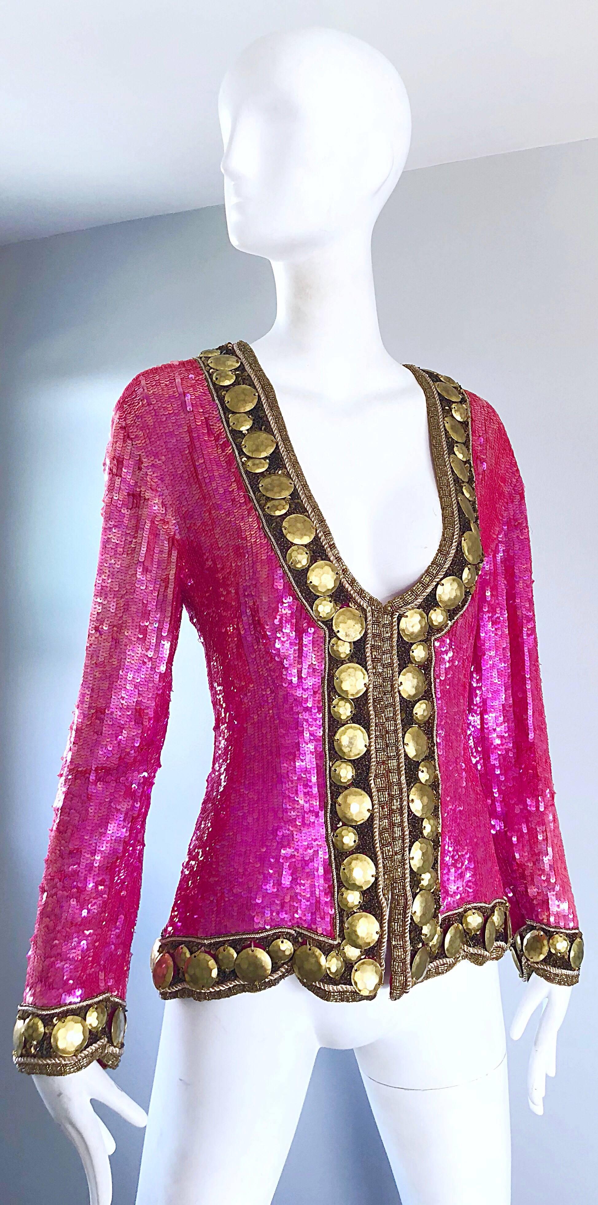 1990s Liza Carr for Lillie Rubin Hot Pink and Gold Sequin Beaded Silk Jacket For Sale 1