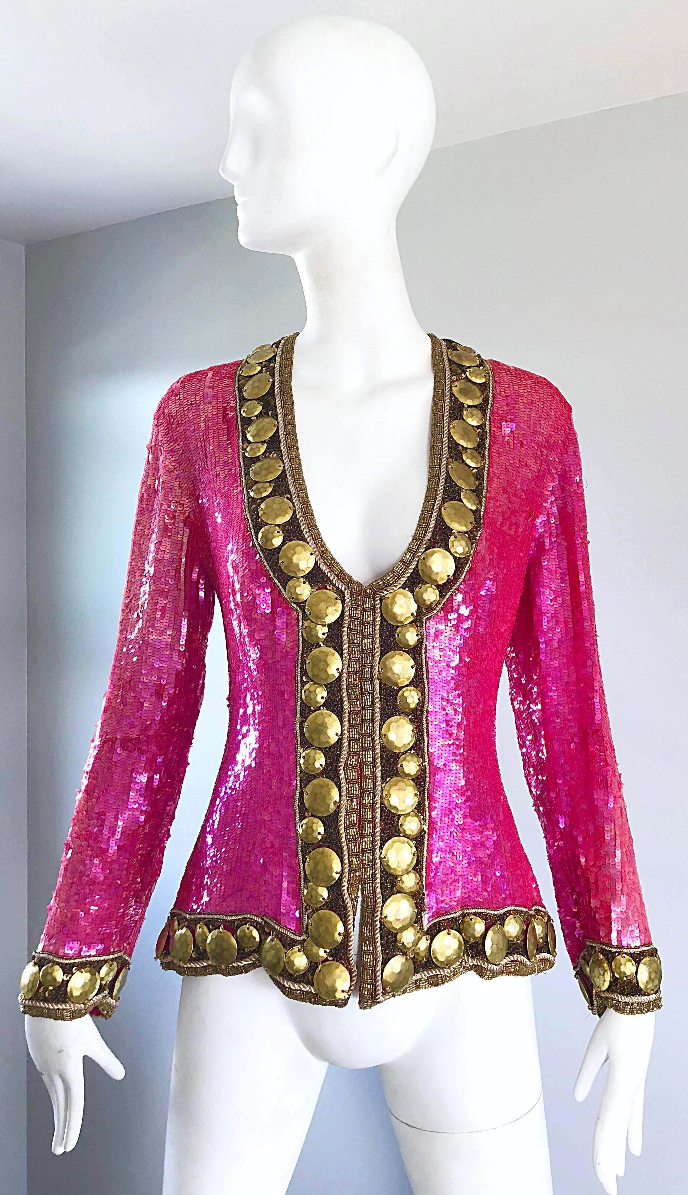 1990s Liza Carr for Lillie Rubin Hot Pink and Gold Sequin Beaded Silk Jacket For Sale 2