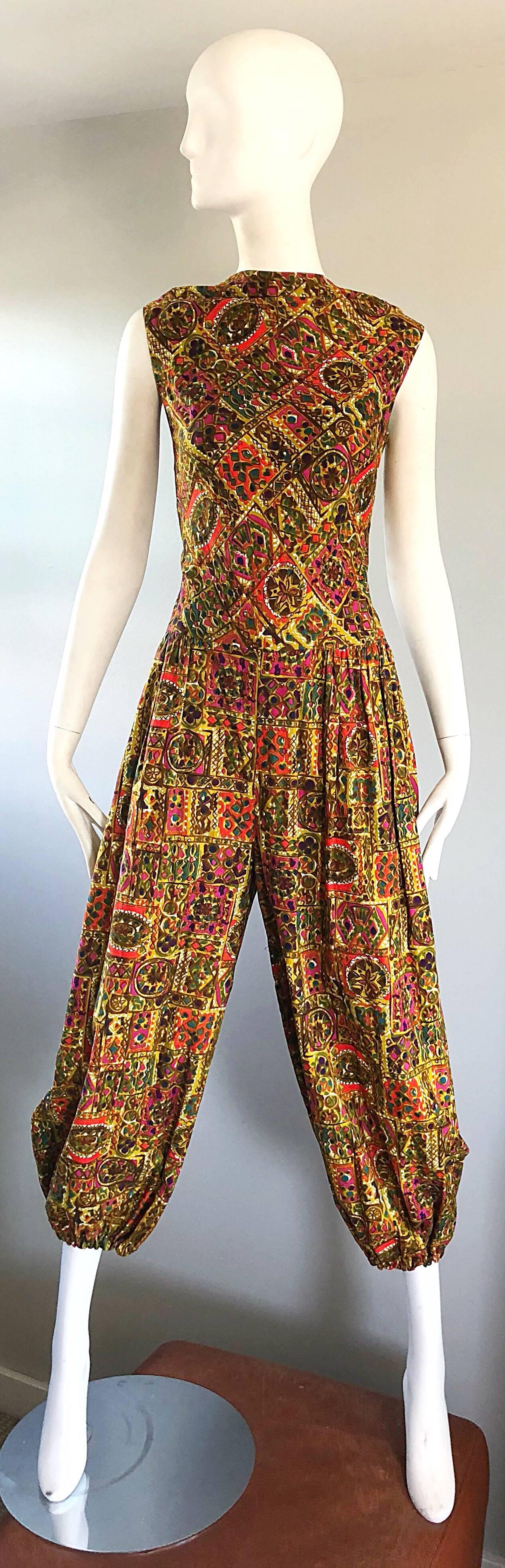 Rare, and nothing short of amazing 1950s CAMELLIA OF BEVERLY HILLS ethnic print harem demi couture jumpsuit AND beaded skirt ensemble! This beauty has provenance! It comes from the estate of the late Shirlee Schivo, who was a Las Vegas socialite