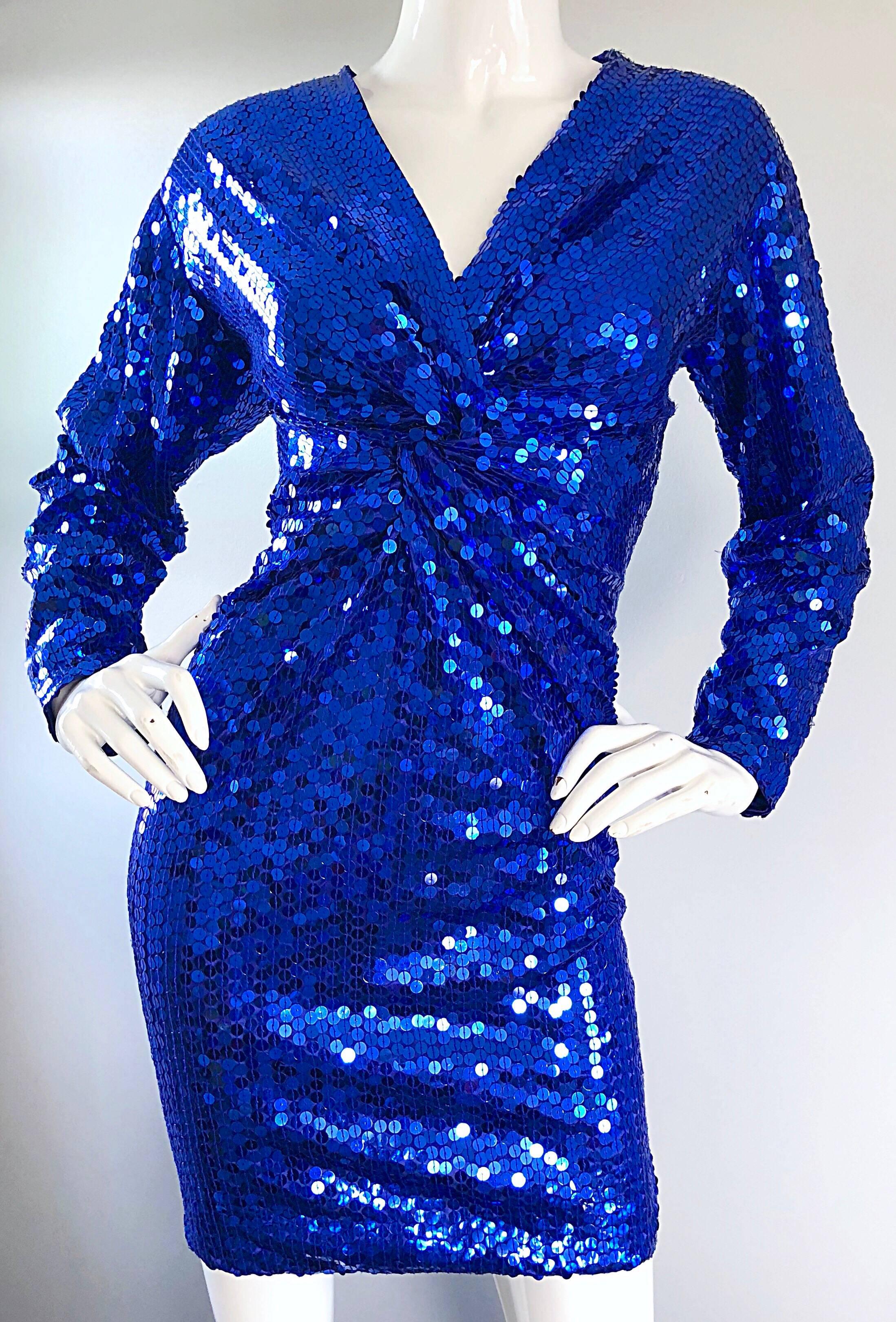Women's Oleg Cassini Vintage Royal Blue 1990s Fully Sequined Long Sleeved 90s Mini Dress For Sale