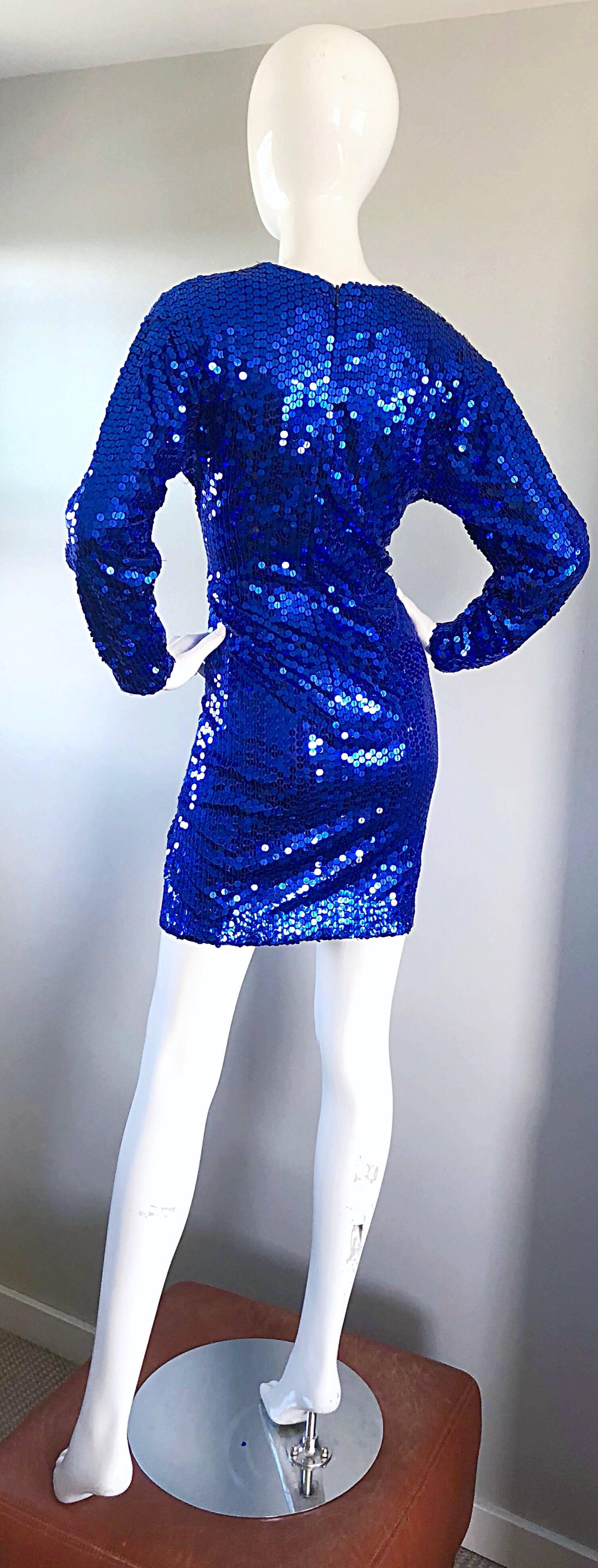 Oleg Cassini Vintage Royal Blue 1990s Fully Sequined Long Sleeved 90s Mini Dress For Sale 1