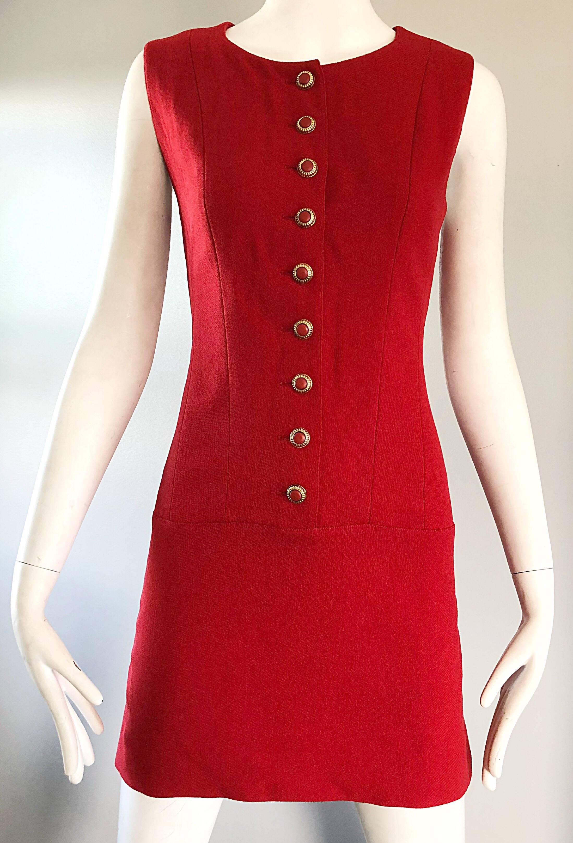 Karl Lagerfeld Chic Vintage  1990s Does 1960s Lipstick Red Wool Mini Shift Dress In Excellent Condition In San Diego, CA
