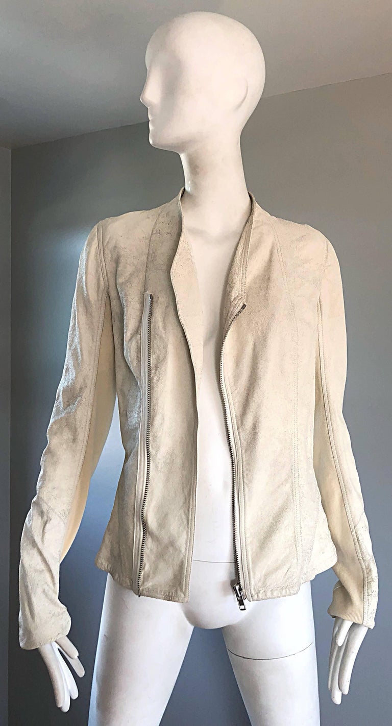 New Rick Owens Size 10 Leather Off White Ecru Distressed Motorcycle