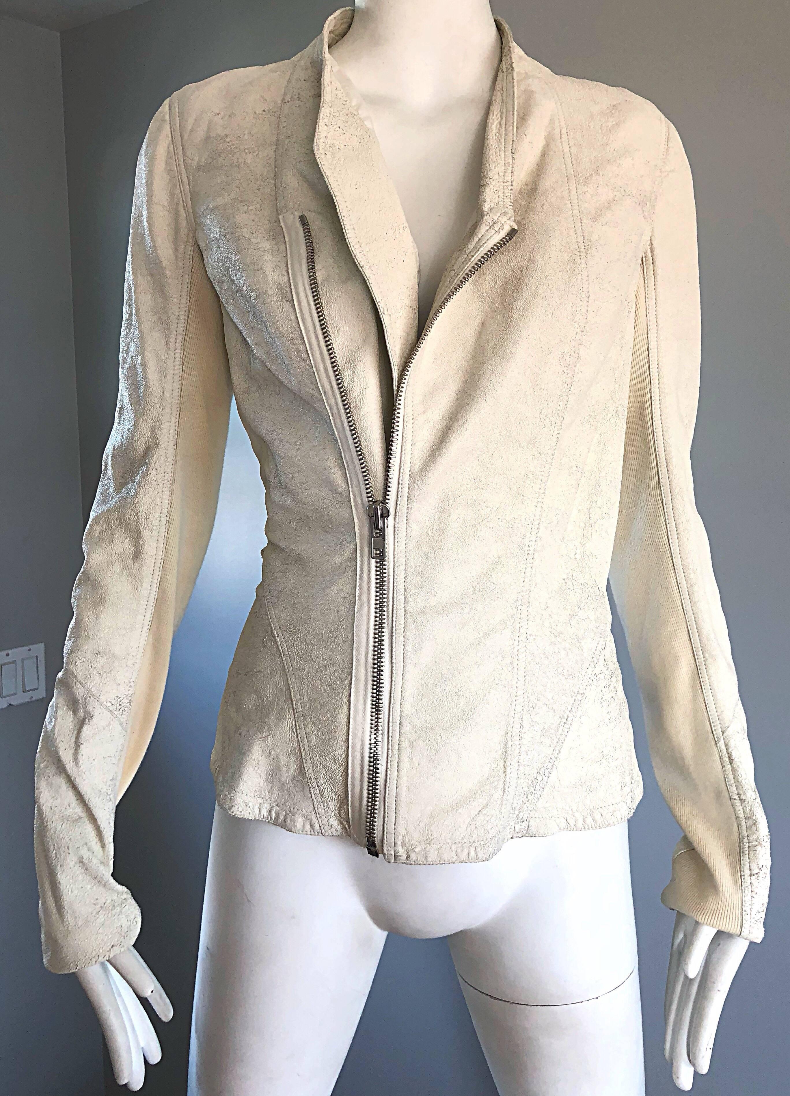 New Rick Owens Size 10 Leather Off - White Ecru Distressed Motorcycle Jacket  2