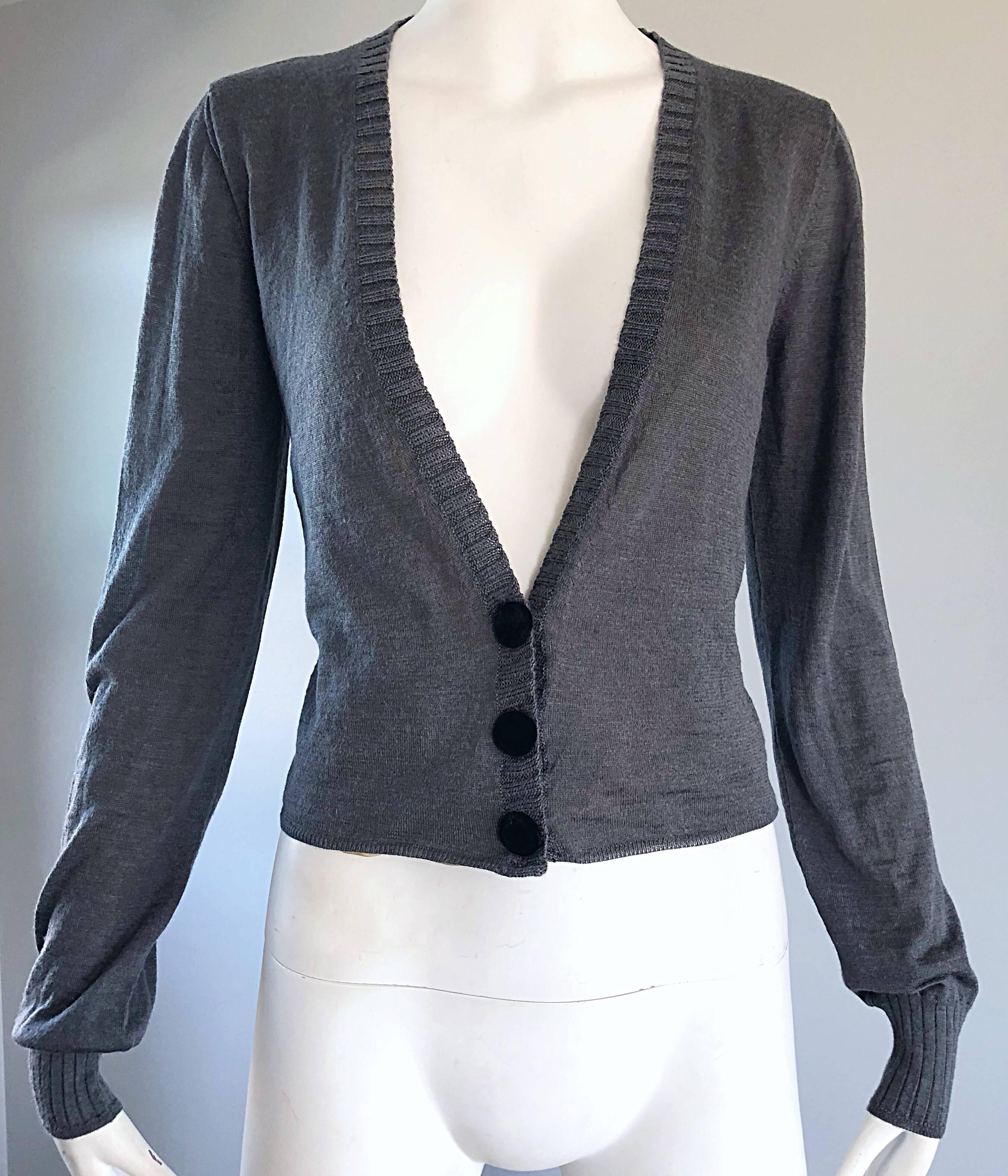 Women's Lanvin Hiver 2006 Charcoal Grey Alpaca + Silk Button Up Cardigan Sweater