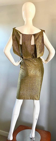 Gorgeous Demi Couture Gold Metallic Cut Out Back Vintage 1950s Wiggle Dress