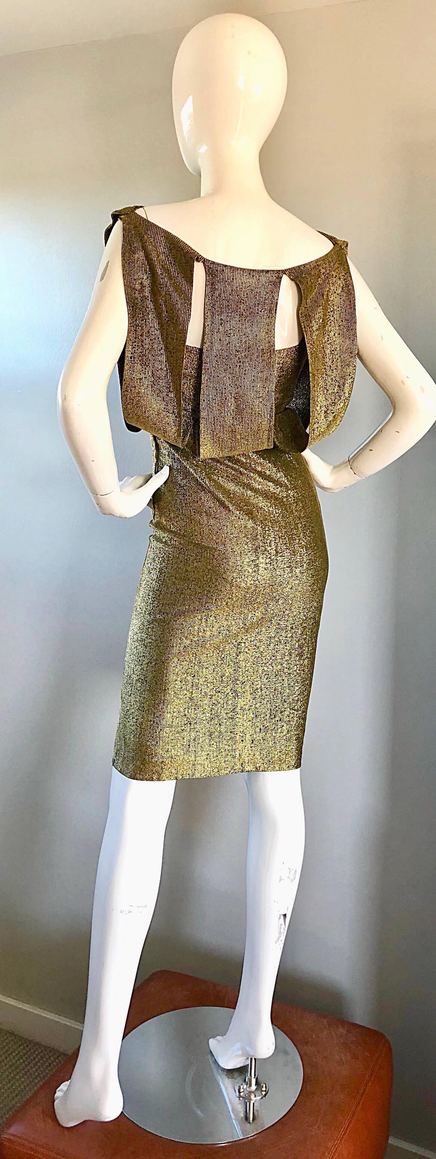 Gray Gorgeous Demi Couture Gold Metallic Cut Out Back Vintage 1950s Wiggle Dress For Sale