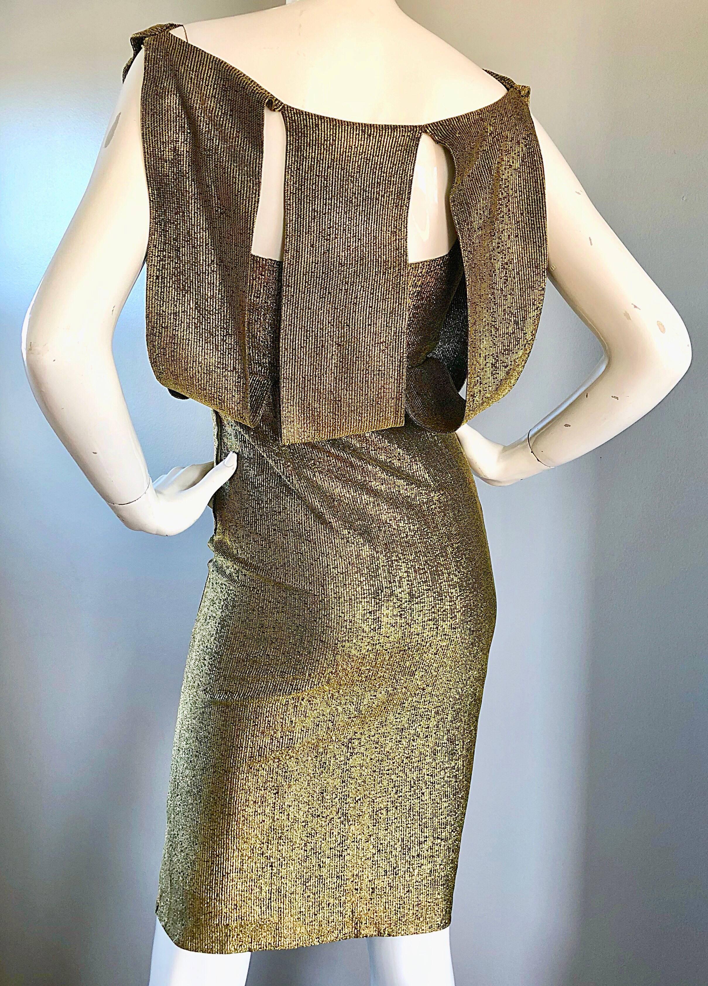 Gorgeous Demi Couture Gold Metallic Cut Out Back Vintage 1950s Wiggle Dress For Sale 1