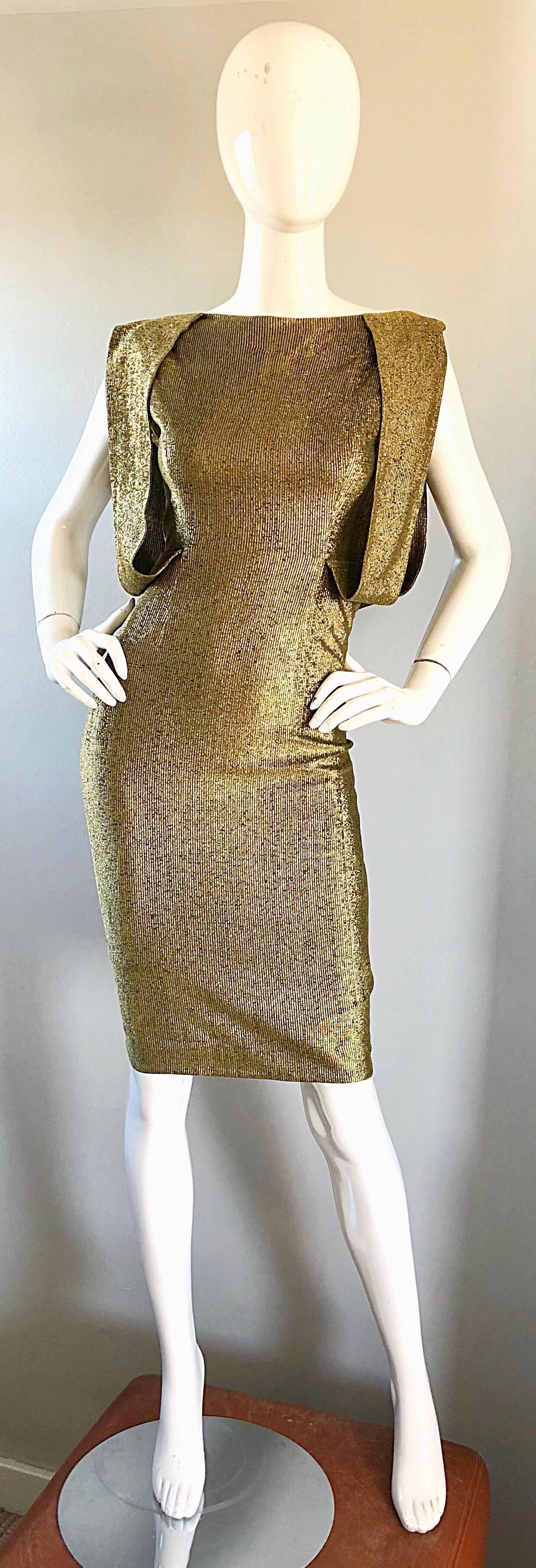 Gorgeous Demi Couture Gold Metallic Cut Out Back Vintage 1950s Wiggle Dress For Sale 2