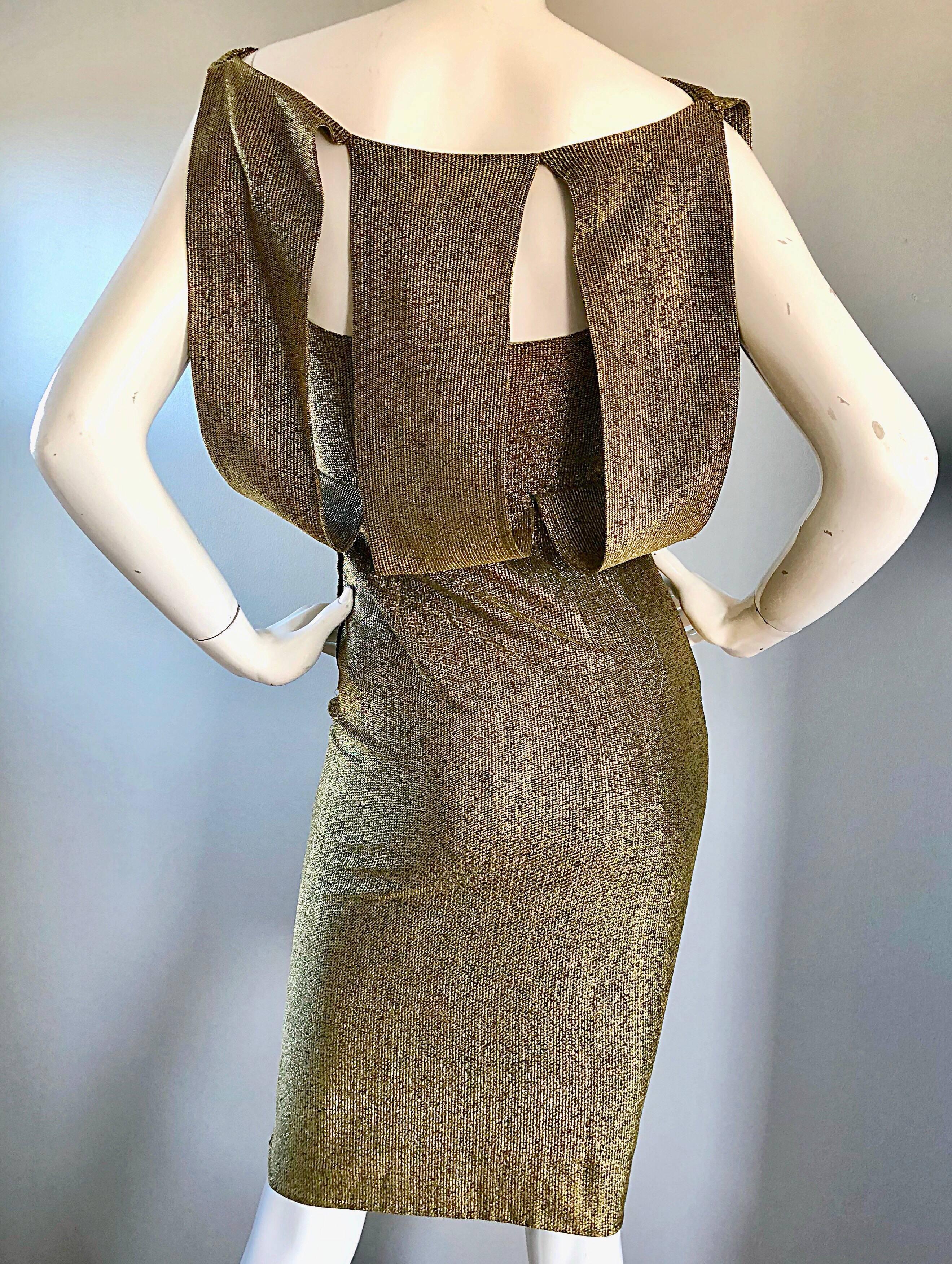 Gorgeous Demi Couture Gold Metallic Cut Out Back Vintage 1950s Wiggle Dress For Sale 3