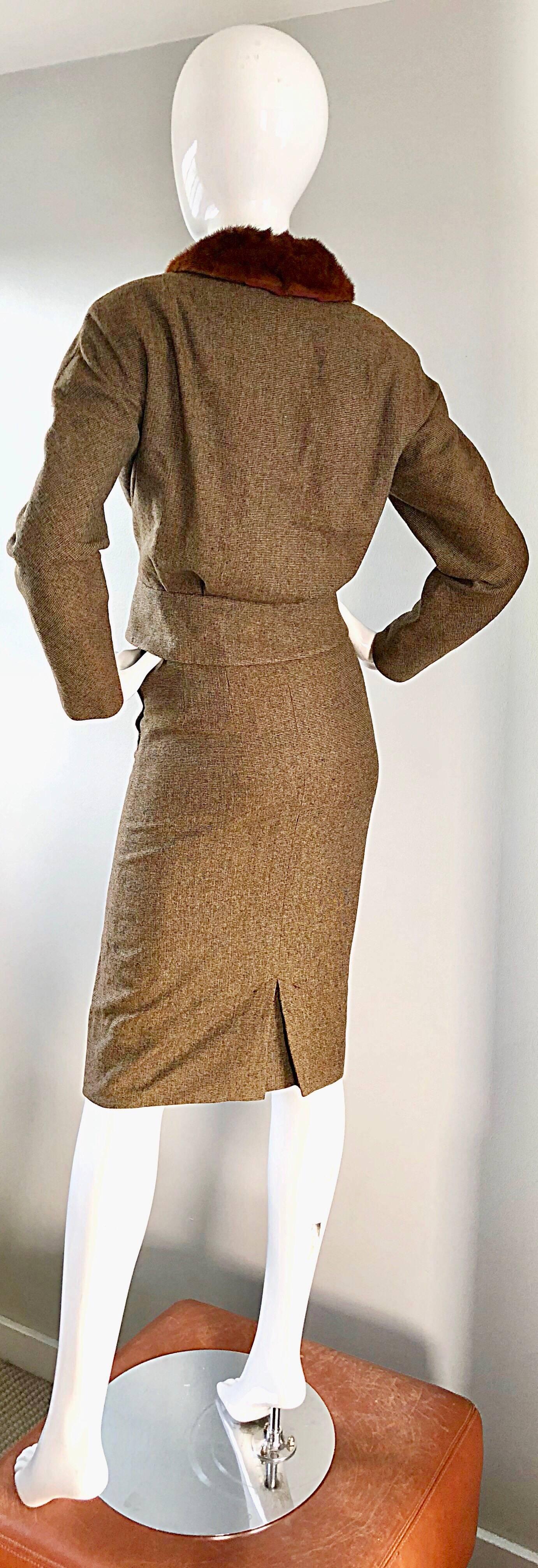 Women's or Men's 1940s Walda Scott Brown Vintage Mink Collar Wool Skirt Suit