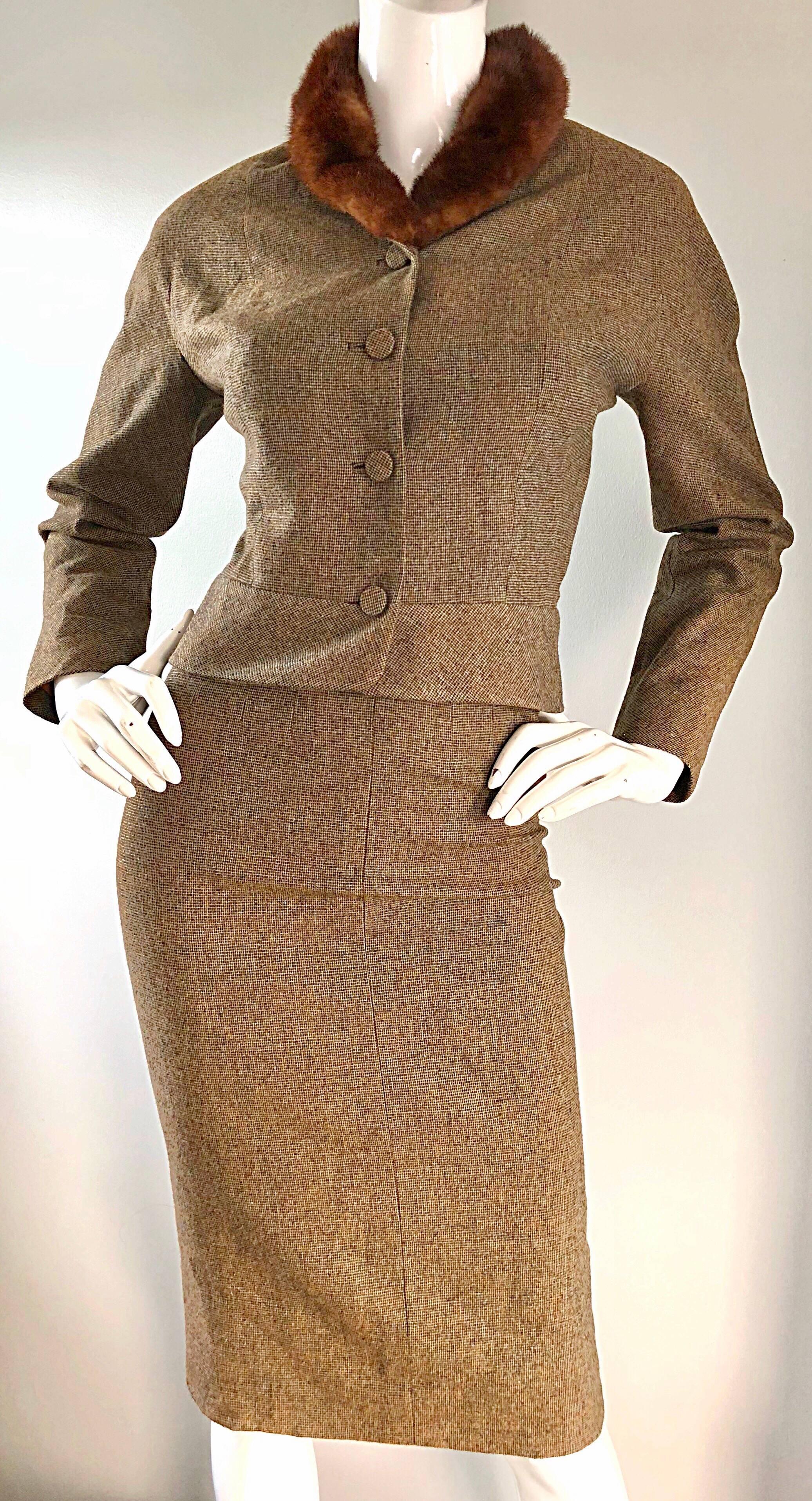 1940s Walda Scott Brown Vintage Mink Collar Wool Skirt Suit 3