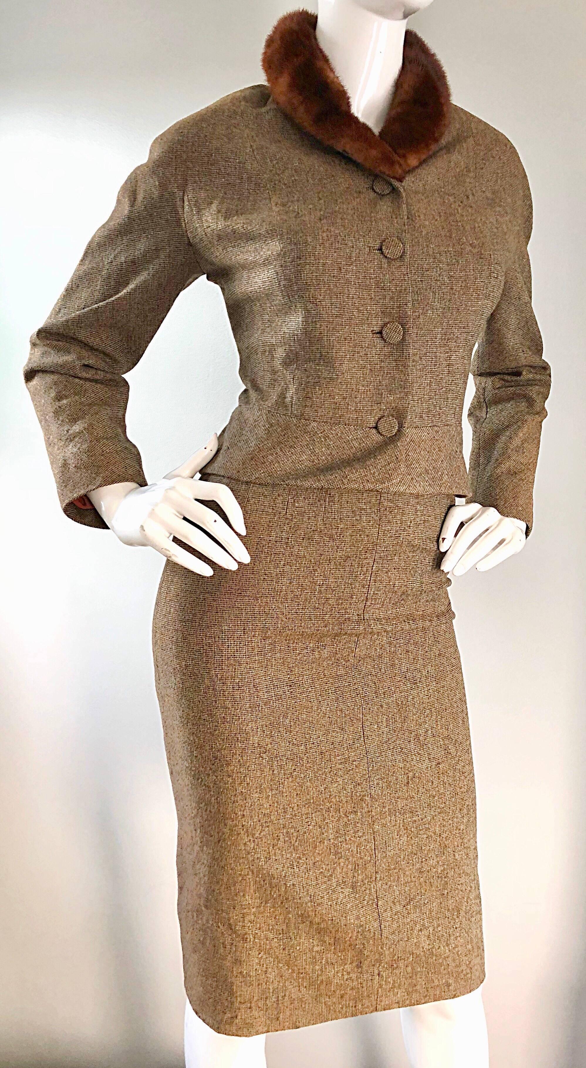 1940s Walda Scott Brown Vintage Mink Collar Wool Skirt Suit 4
