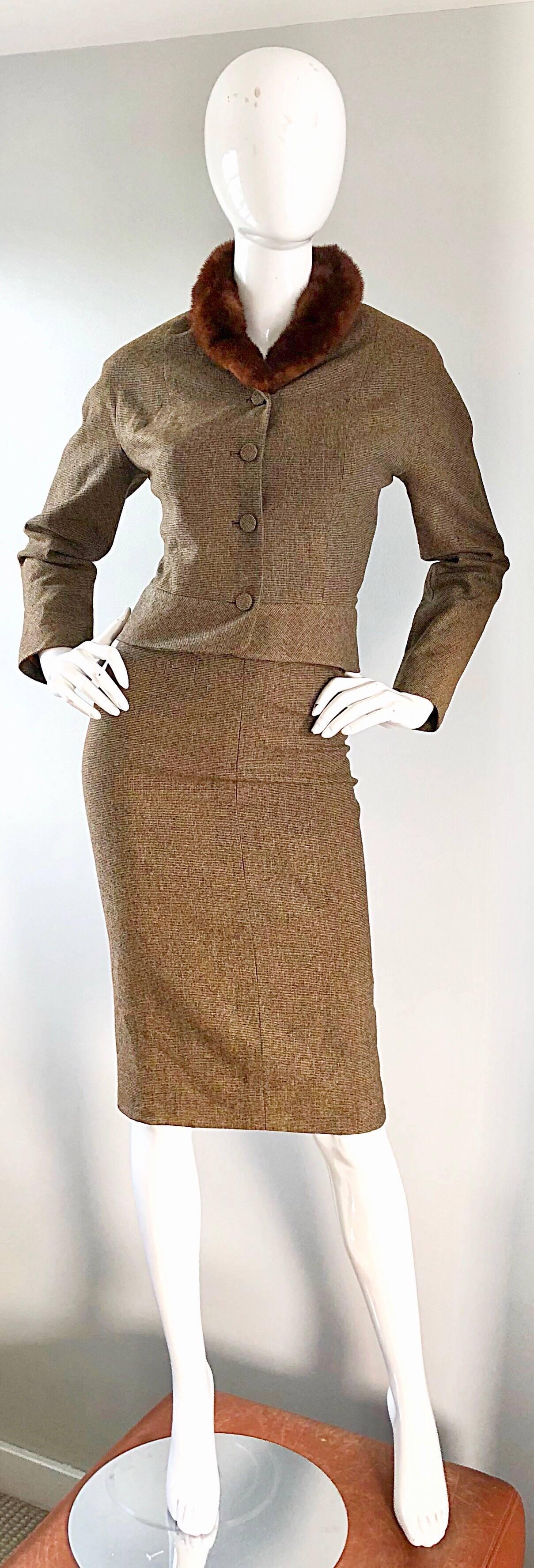 1940s Walda Scott Brown Vintage Mink Collar Wool Skirt Suit 5