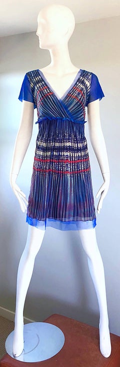 Vivienne Tam - Robe vintage bleue semi-transparente à imprimé aquarelle multicolore, années 1990