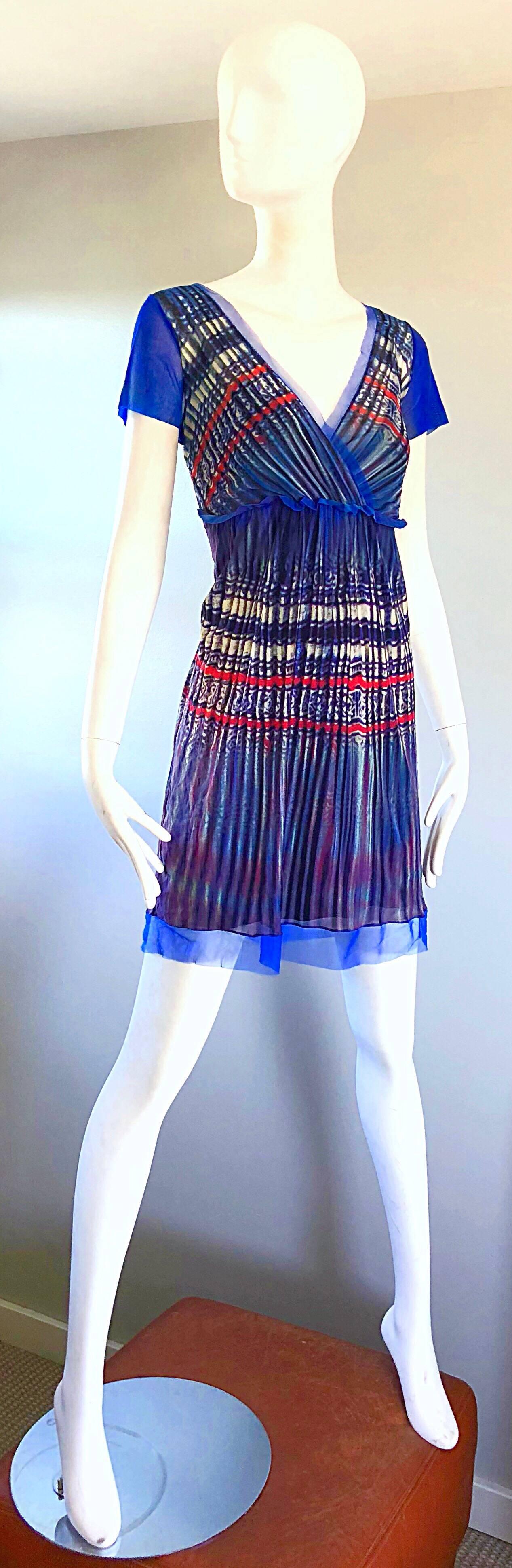 Vivienne Tam - Robe vintage bleue semi-transparente à imprimé aquarelle multicolore, années 1990 Excellent état - En vente à San Diego, CA