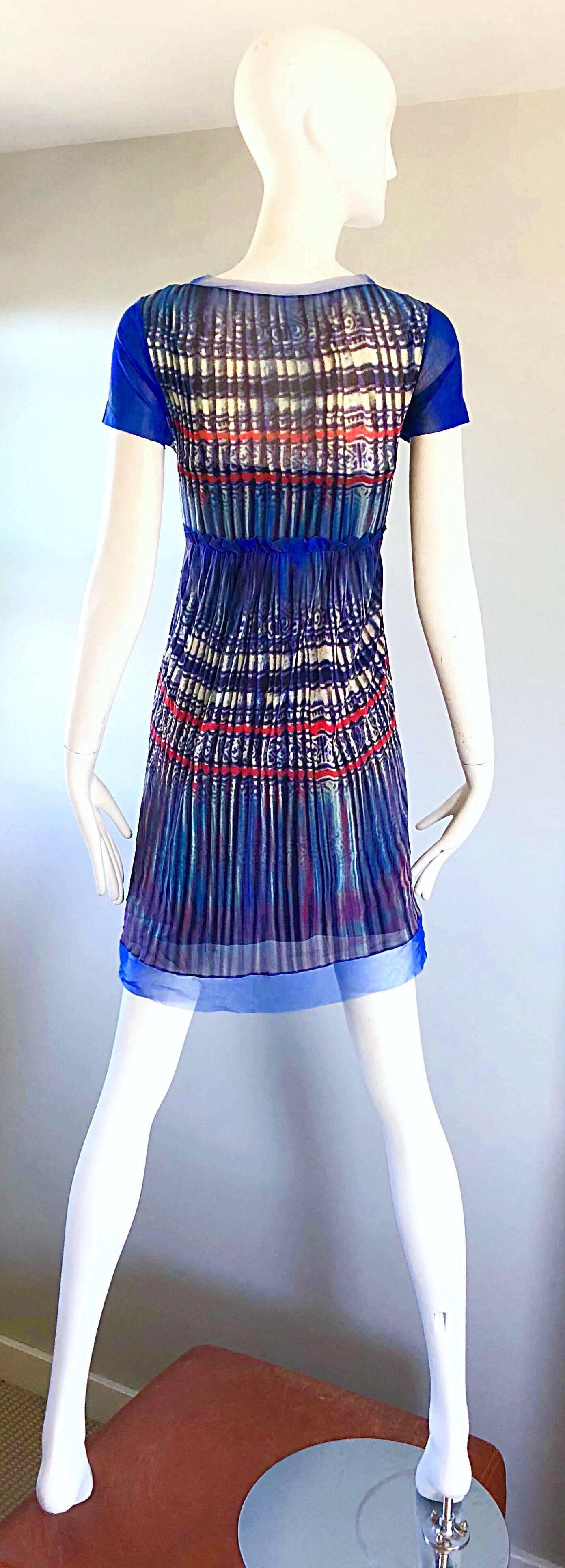 Vivienne Tam 1990s Vintage Blue Multi Colored Semi Sheer Watercolor Print Dress In Excellent Condition In San Diego, CA