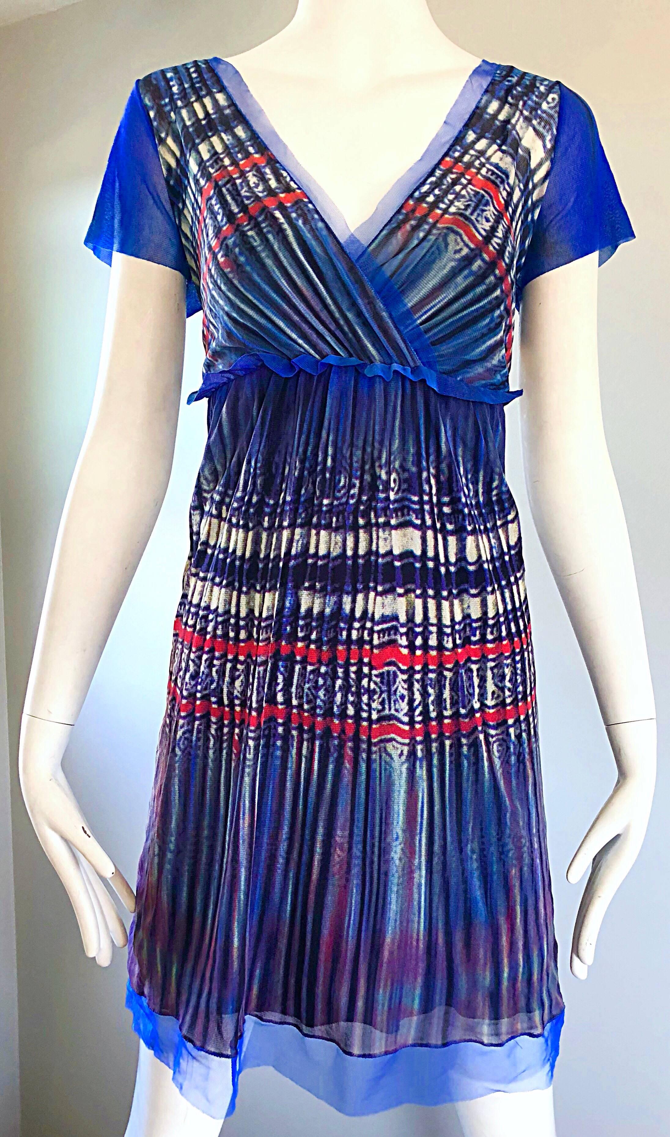 Women's Vivienne Tam 1990s Vintage Blue Multi Colored Semi Sheer Watercolor Print Dress