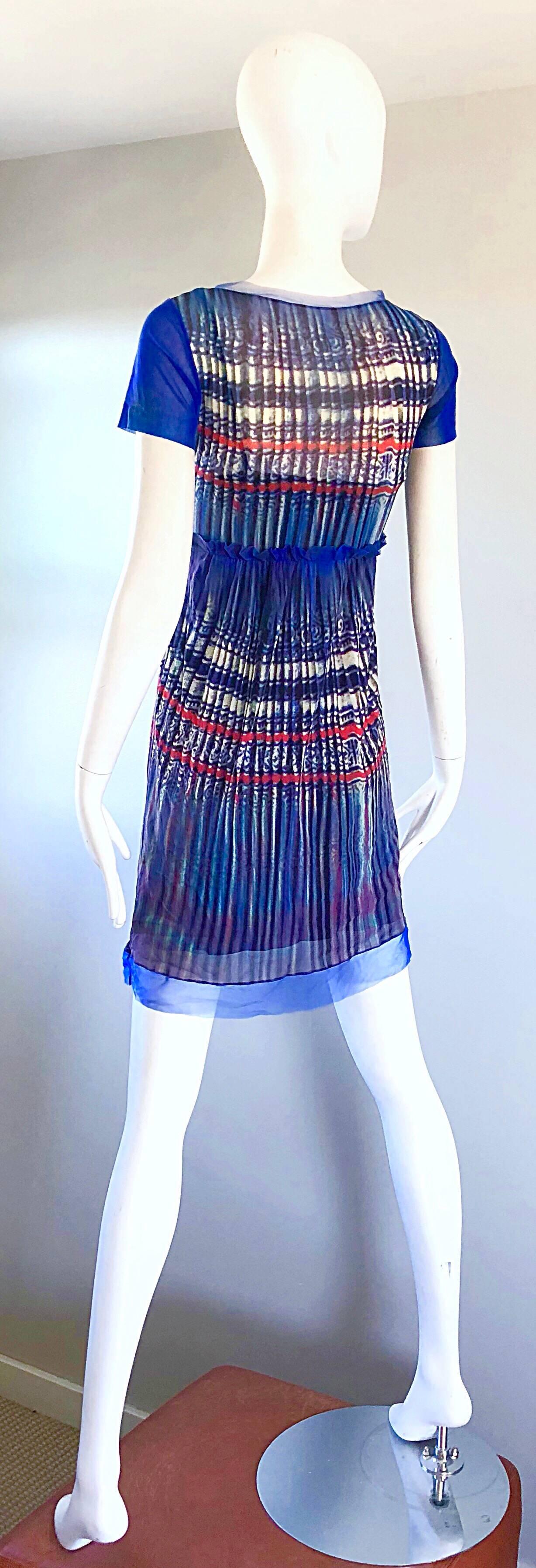 Vivienne Tam 1990s Vintage Blue Multi Colored Semi Sheer Watercolor Print Dress 1