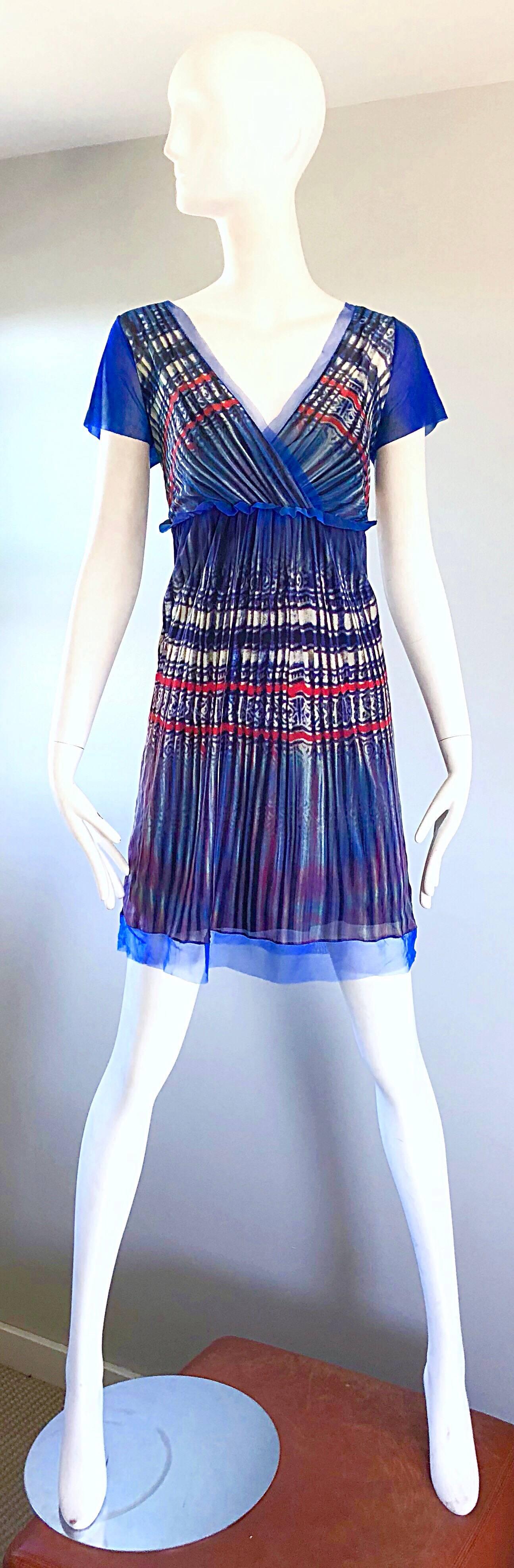 Vivienne Tam 1990s Vintage Blue Multi Colored Semi Sheer Watercolor Print Dress 2