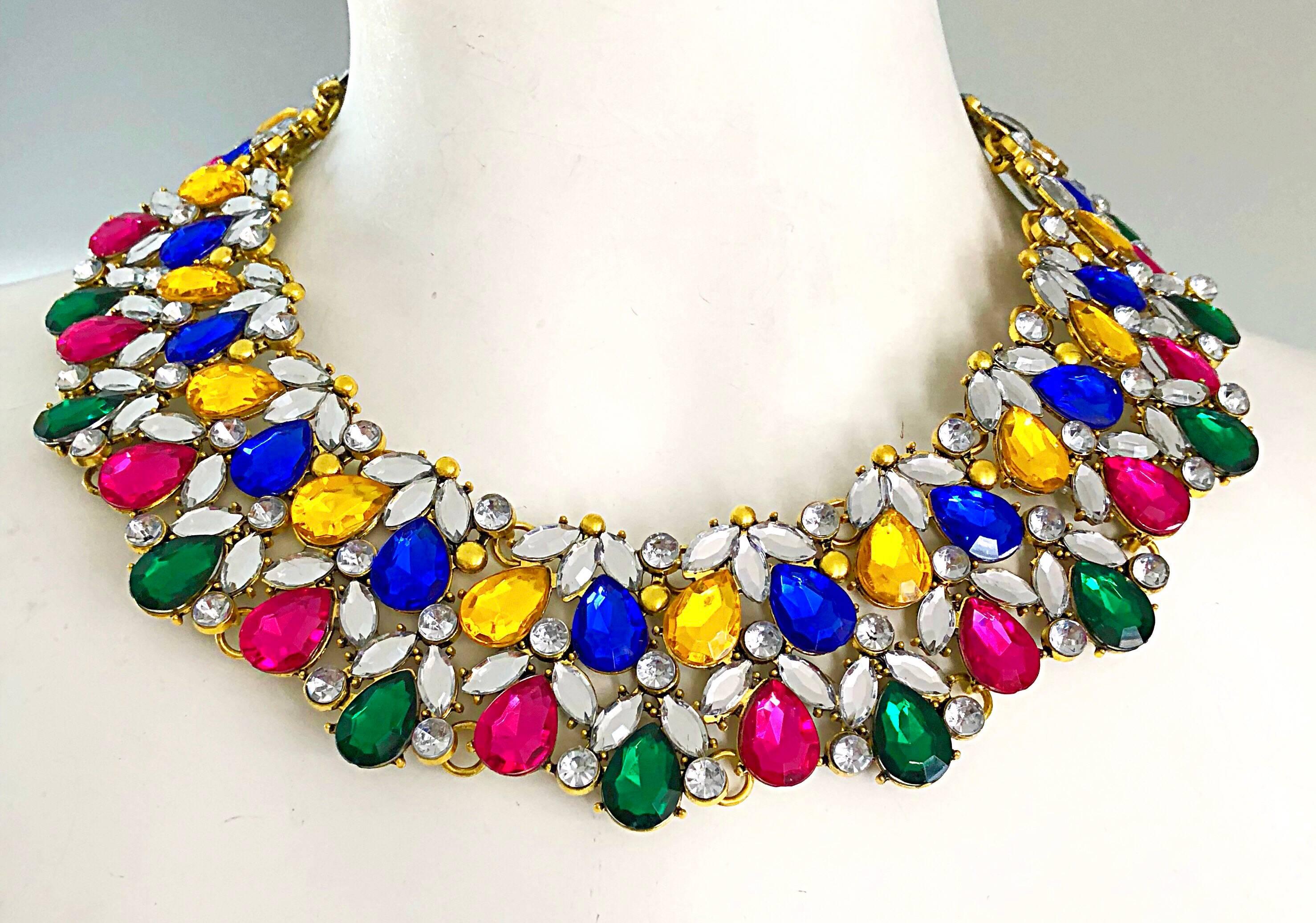 Stunning 60s vintage KENNETH JAY LANE fruit salad / tutti fruity multi colored rhinestone couture necklace! Features vibrant hand-set sparkling rhinestones in hot pink, royal blue, kelly green, canary yellow, and clear. Fits perfectly around the