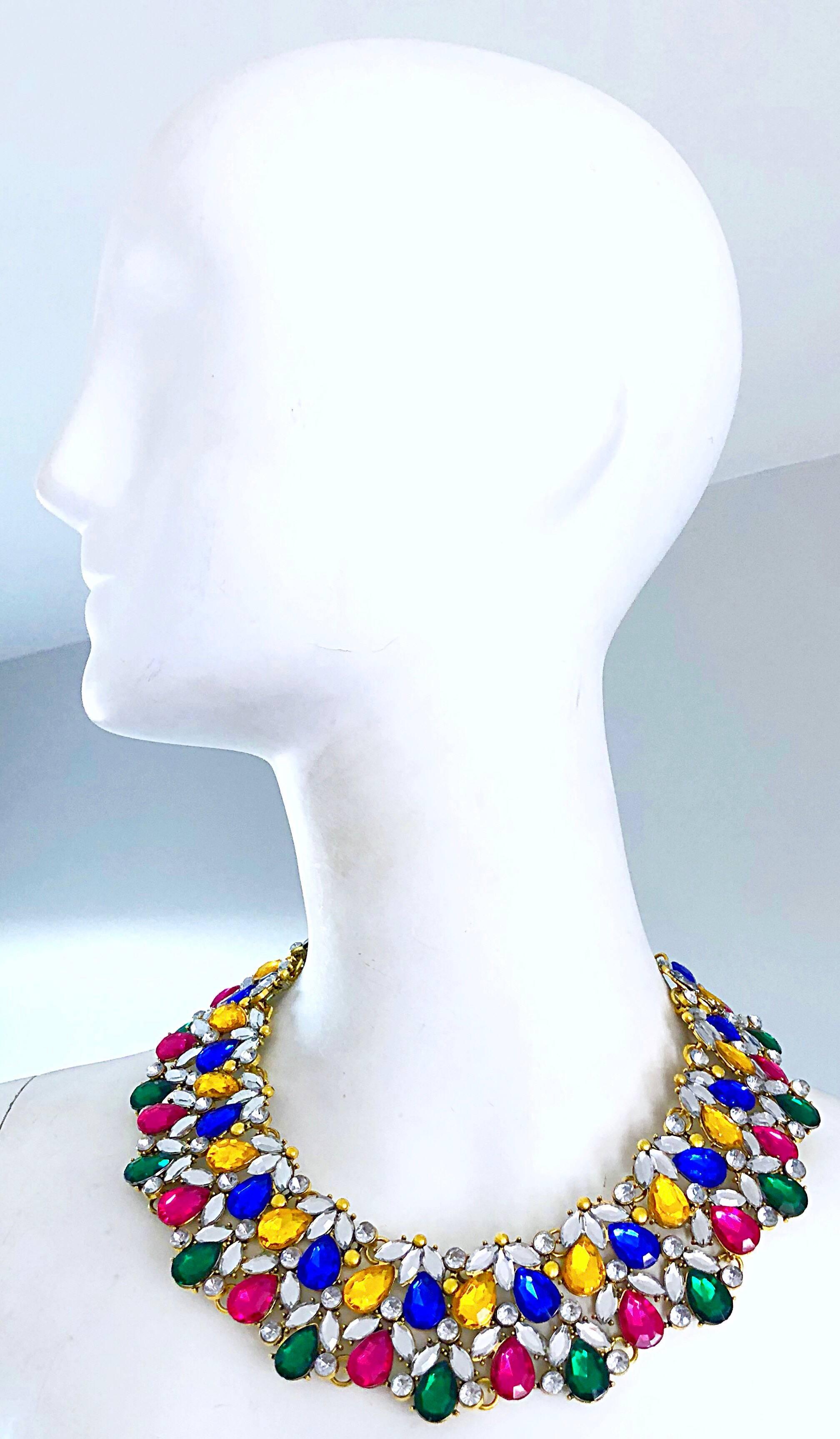 Stunning 1960s Kenneth Jay Lane Fruit Salad Multi Color Rhinestone Bib Necklace In Excellent Condition In San Diego, CA
